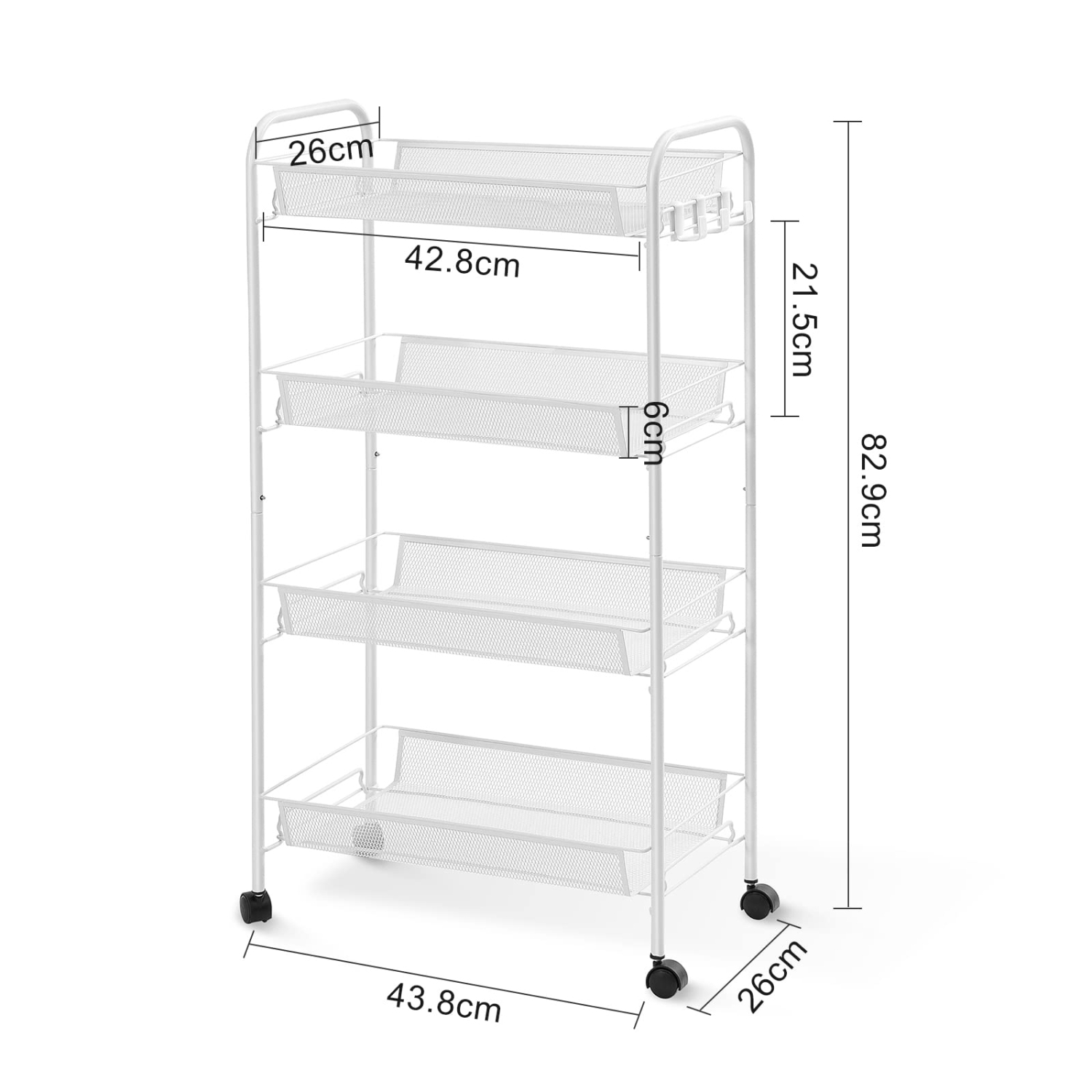 4-Tier Rolling Cart, Metal Utility Cart with 3 Hooks, Easy Assemble Mobile Storage Trolley On Wheels, Slide Out Shelving Units Kitchen Bathroom