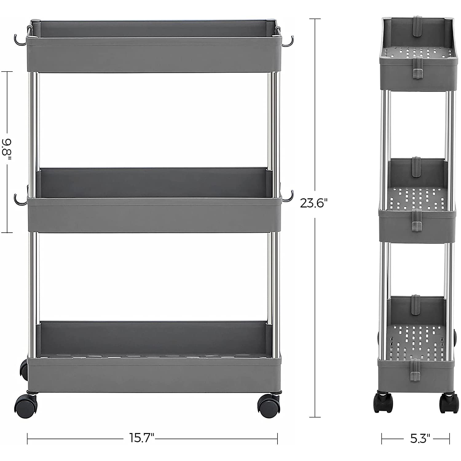 Rolling Cart, 3-Tier Slim Kitchen Storage Cart, Bathroom Shelf with Wheels, Small Space Organizer, Narrow for Bathroom Dorm Room, 16.5 x 5.3 x 24