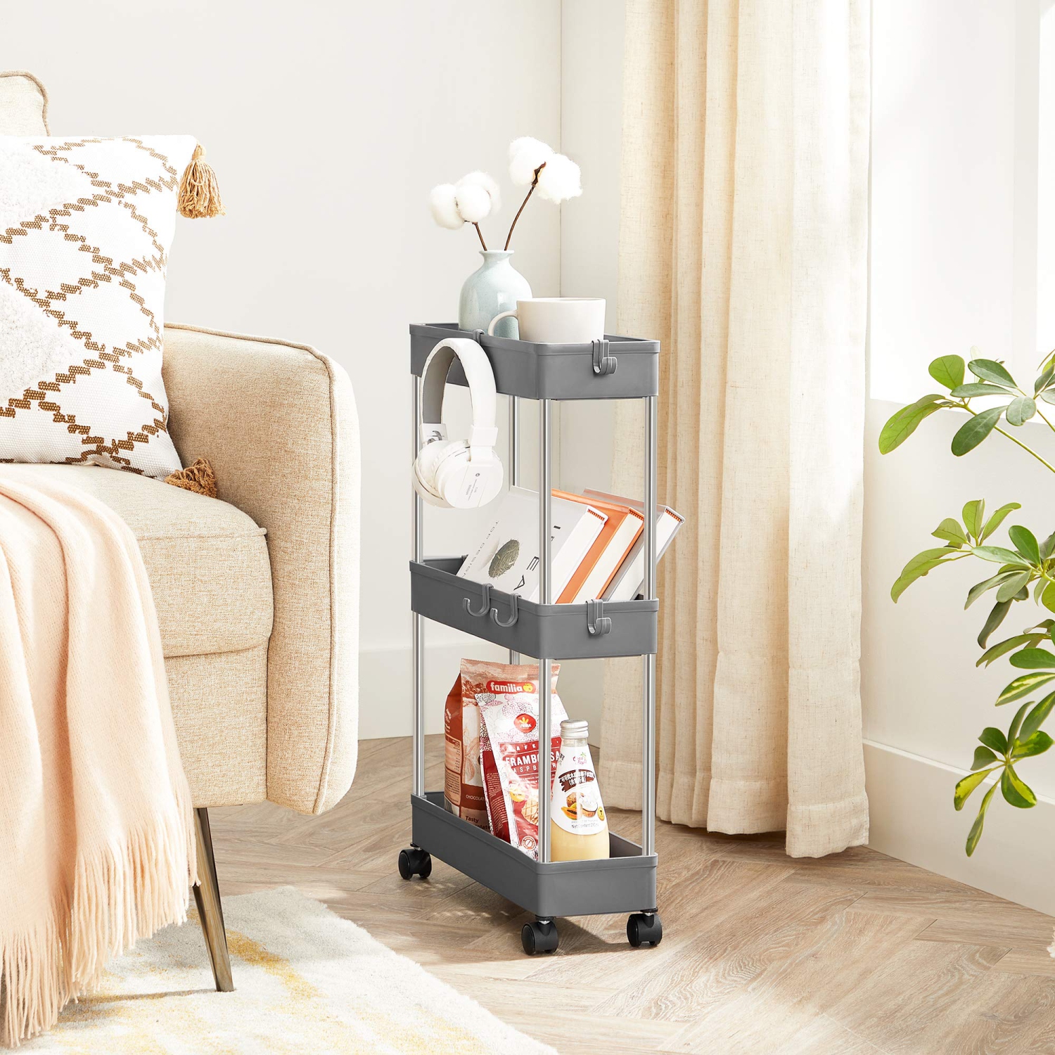 Rolling Cart, 3-Tier Slim Kitchen Storage Cart, Bathroom Shelf with Wheels, Small Space Organizer, Narrow for Bathroom Dorm Room, 16.5 x 5.3 x 24