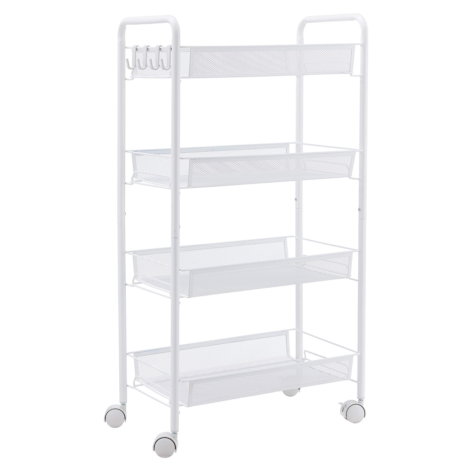 4-Tier Rolling Storage Rack Cart Organizer, Utility Mobile Metal Mesh Trolley with Wire Basket Shelving, Cart on Wheels for Kitchen Office Bathroom, White