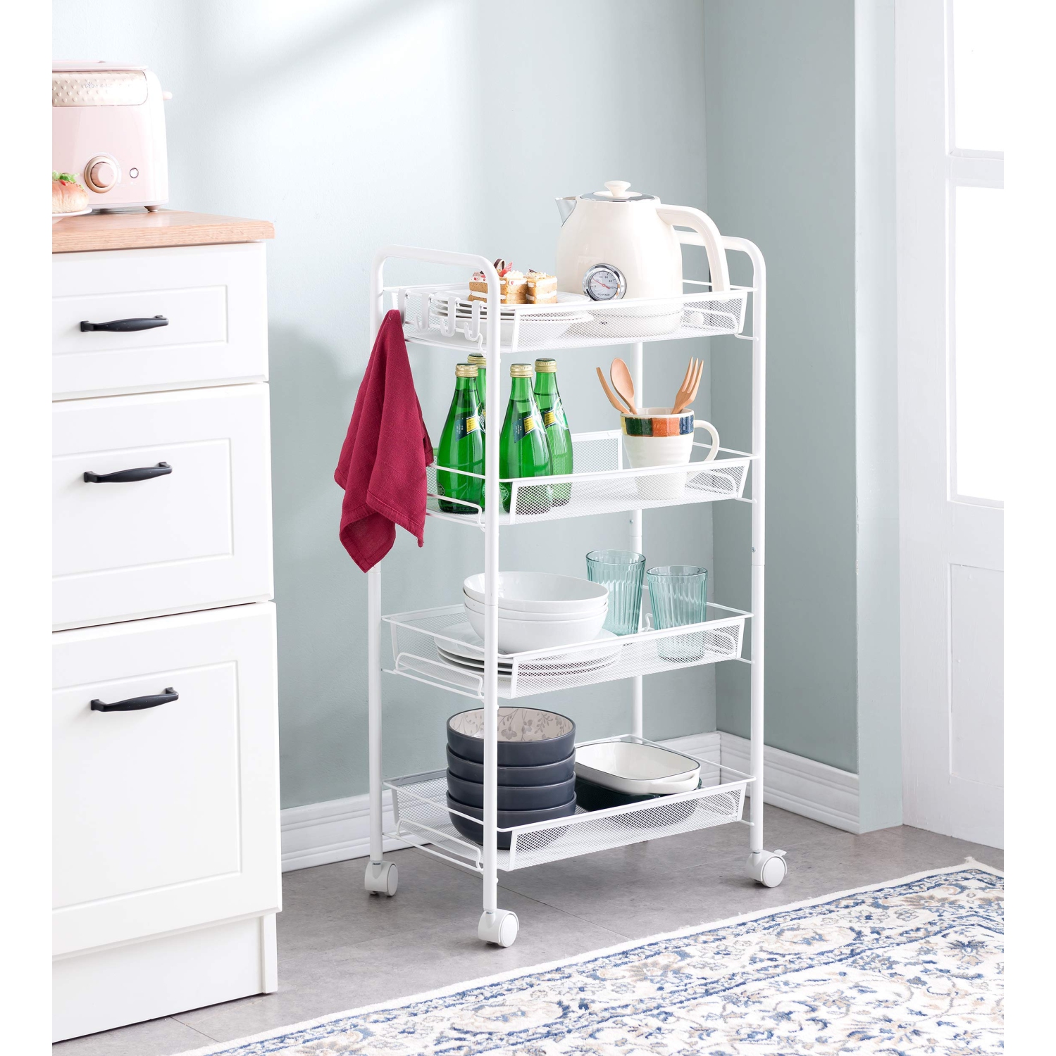 4-Tier Rolling Storage Rack Cart Organizer, Utility Mobile Metal Mesh Trolley with Wire Basket Shelving, Cart on Wheels for Kitchen Office Bathroom,