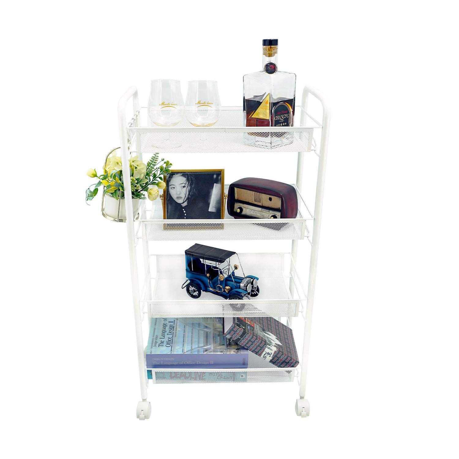 4-Tier Rolling Storage Rack Cart Organizer, Utility Mobile Metal Mesh Trolley with Wire Basket Shelving, Cart on Wheels for Kitchen Office Bathroom,