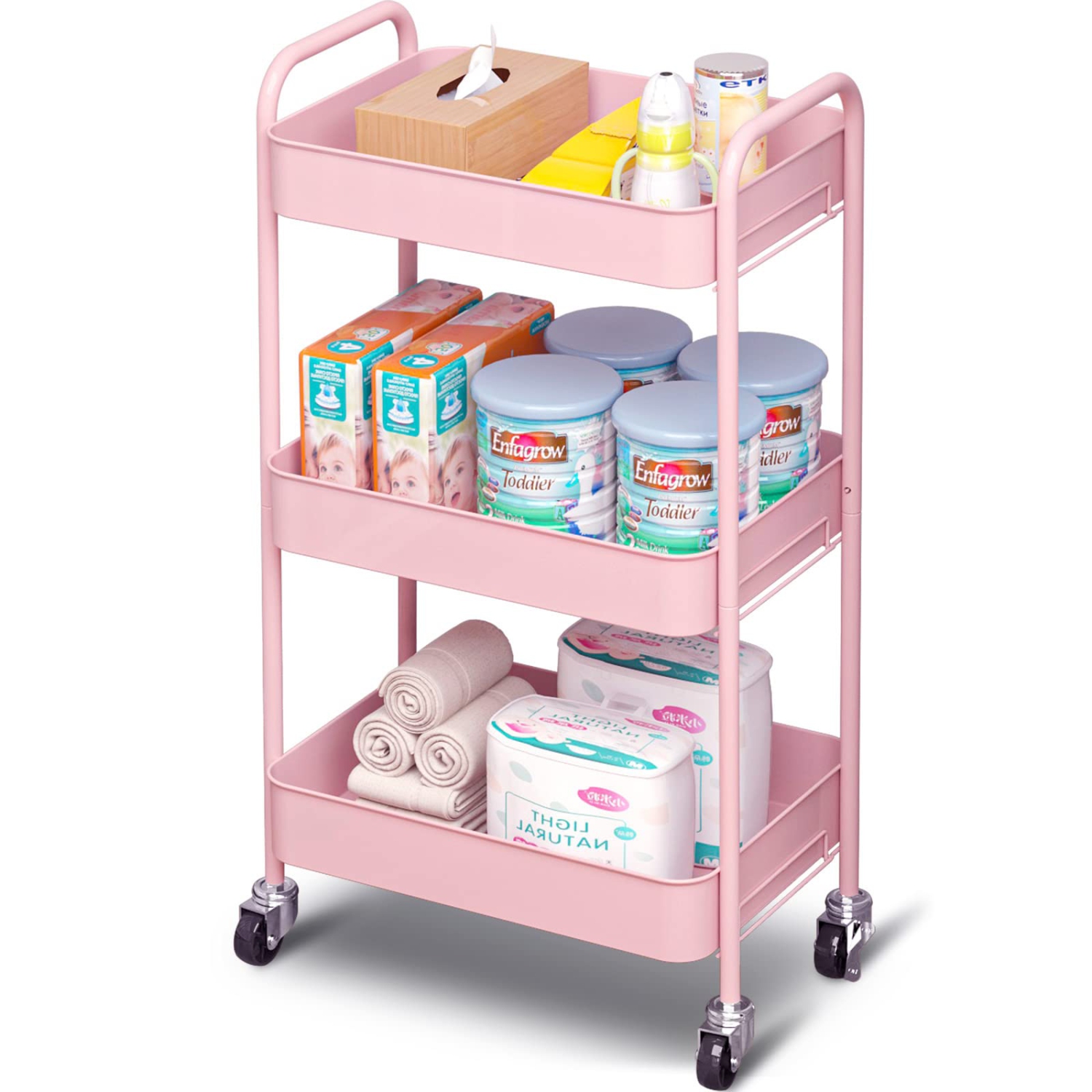 3-Tier Rolling Cart, Metal Utility Cart with Lockable Wheels, Storage Craft Art Cart Trolley Organizer Serving Cart Easy Assembly for Office, Bathroom, Kitchen, Kids' Room, Classro