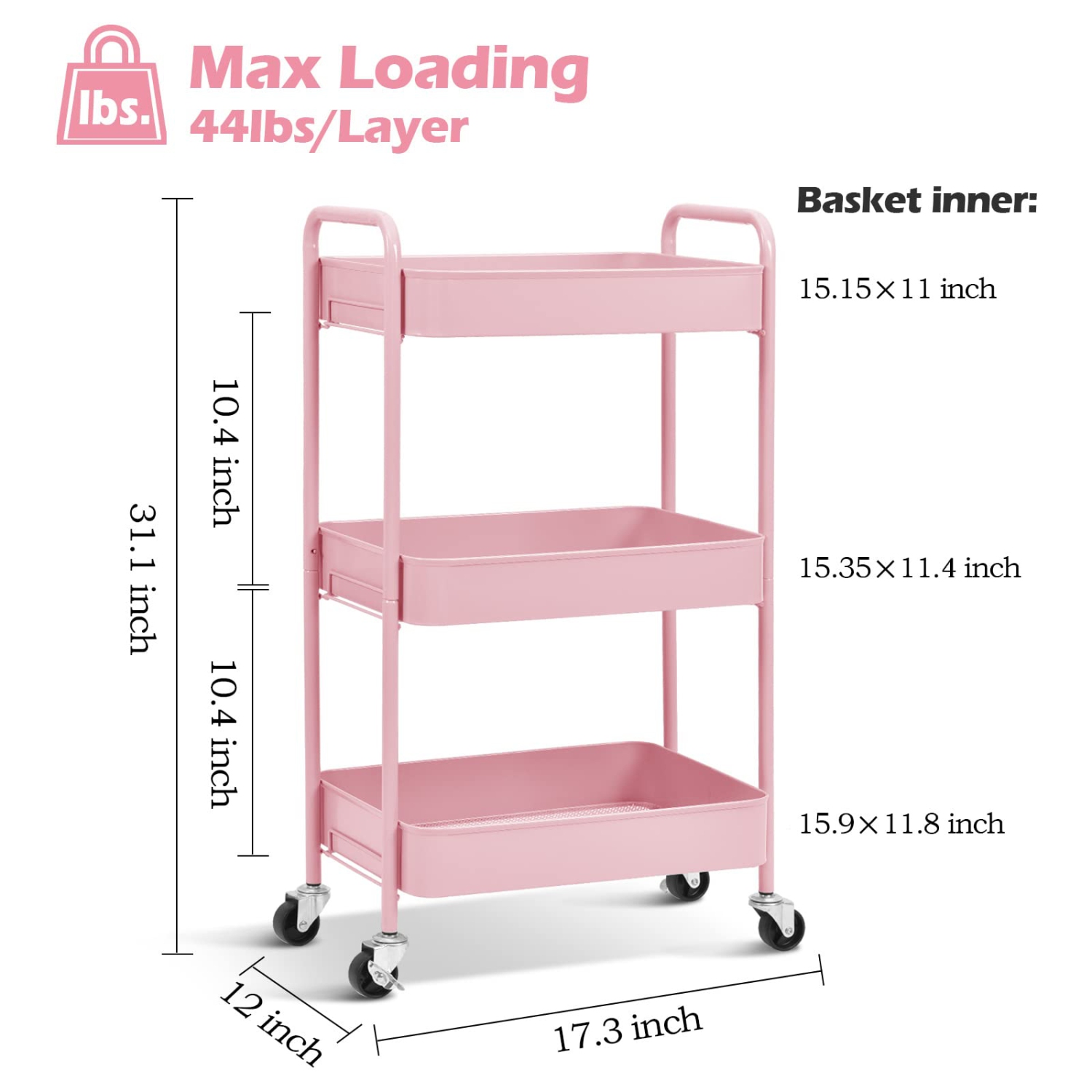3-Tier Rolling Cart, Metal Utility Cart with Lockable Wheels, Storage Craft Art Cart Trolley Organizer Serving Cart Easy Assembly for Office,