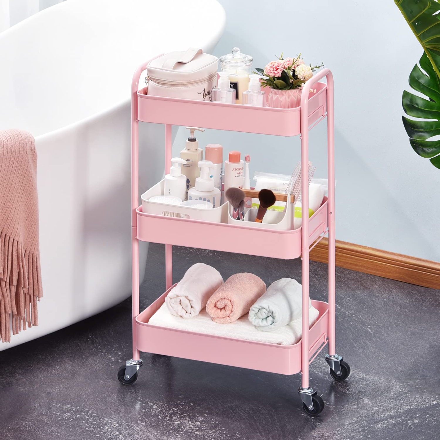 3-Tier Rolling Cart, Metal Utility Cart with Lockable Wheels, Storage Craft Art Cart Trolley Organizer Serving Cart Easy Assembly for Office,