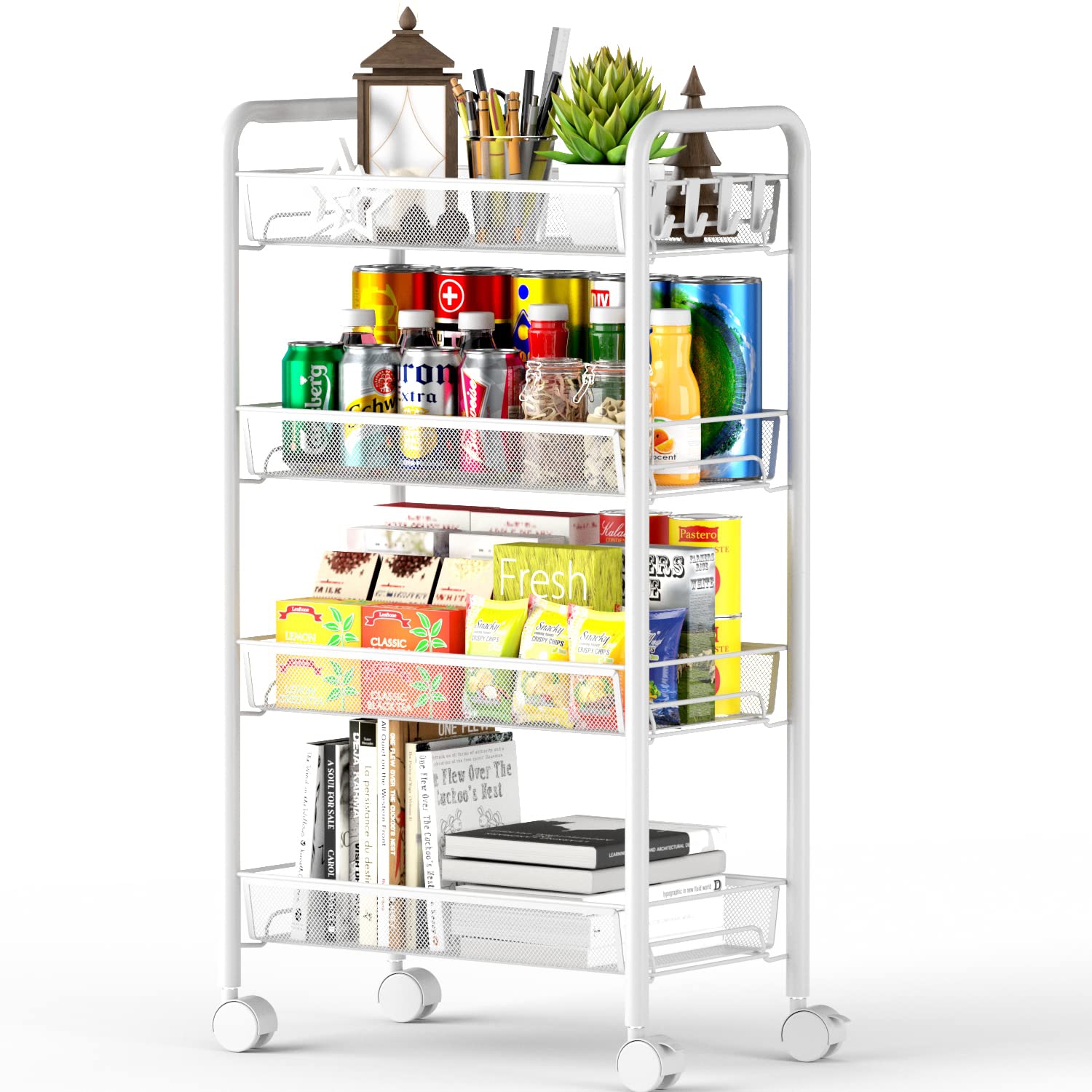 Mesh Wire Rolling Cart, 4 Tier Kitchen Storage Utility Cart, Multifunction Basket Stand for Bathroom Office, Full Metal Storage Organizer Art Trolley
