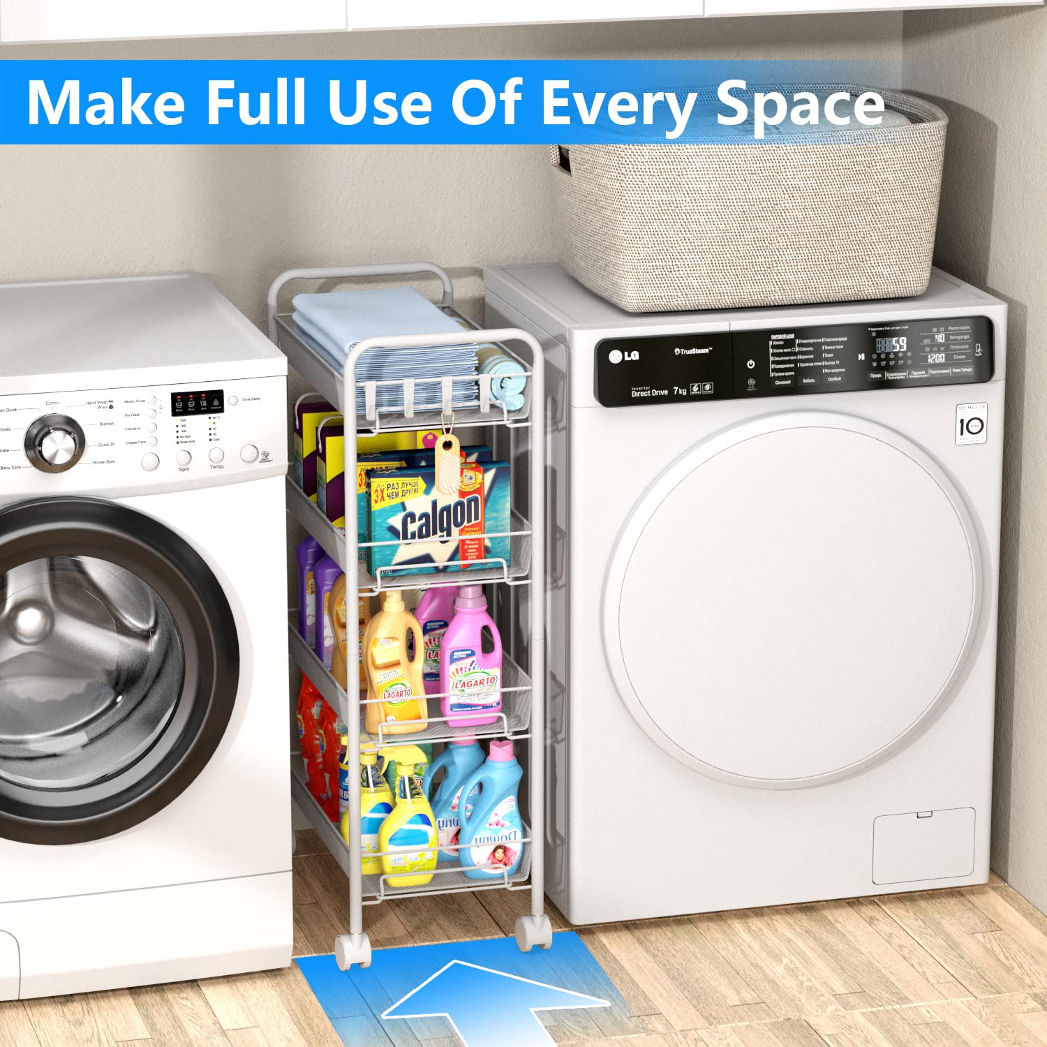 Mesh Wire Rolling Cart, 4 Tier Kitchen Storage Utility Cart, Multifunction Basket Stand for Bathroom Office, Full Metal Storage Organizer Art Trolley