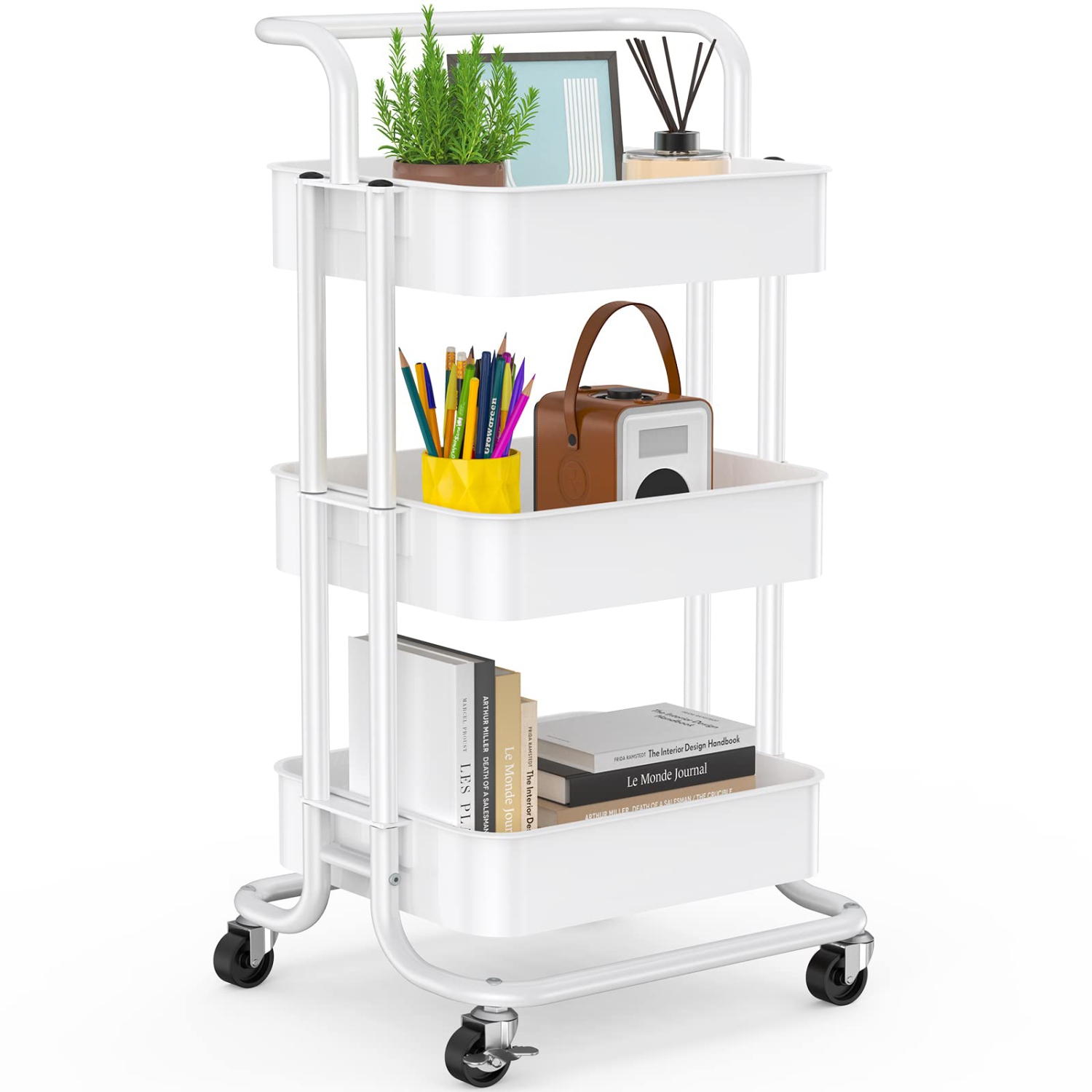 3-Tier Rolling Utility Cart, Multifunctional Metal Organization Storage Cart with 2 Lockable Wheels for Office, Home, Kitchen, Bedroom, Bathroom, Laundry Room (White)
