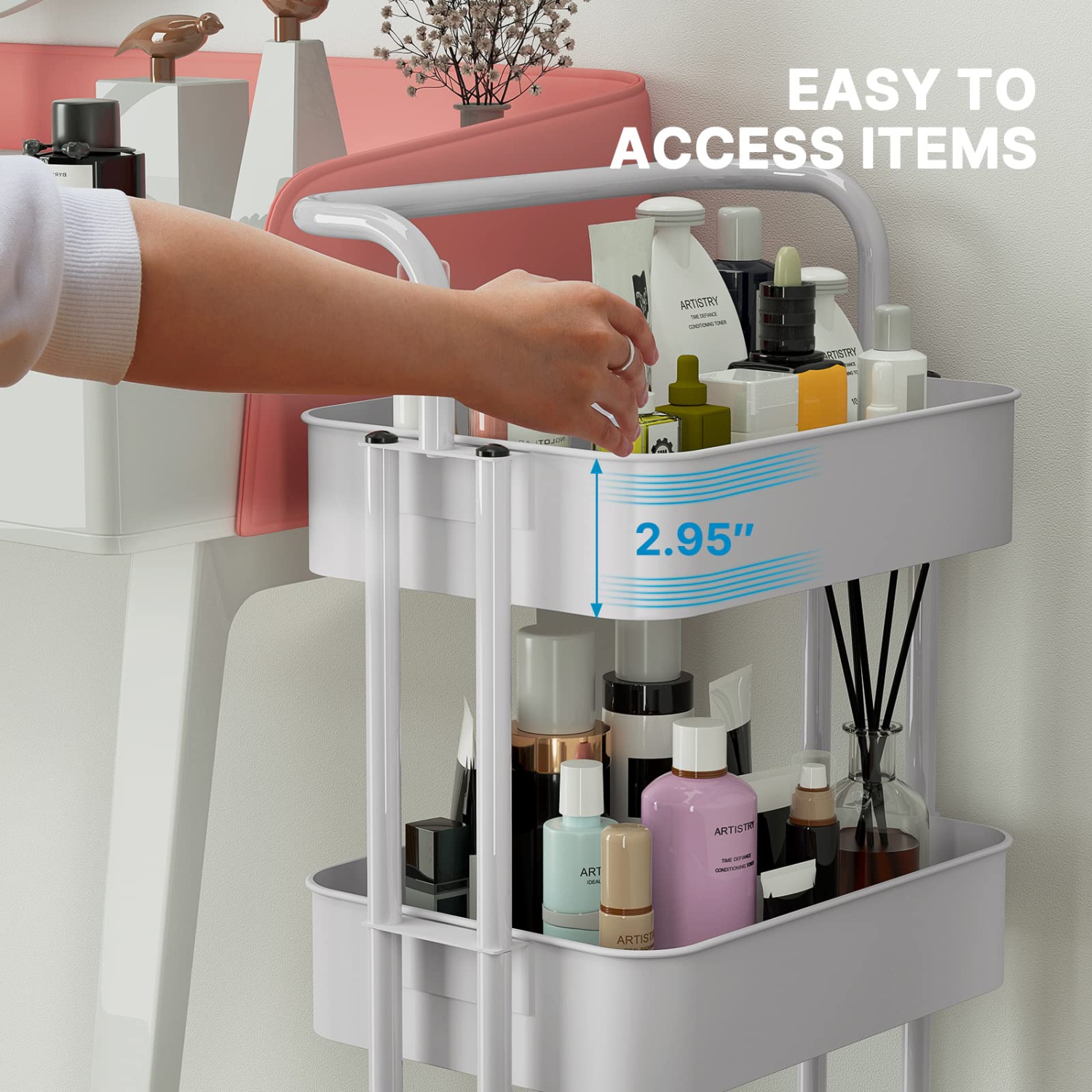 3-Tier Rolling Utility Cart, Multifunctional Metal Organization Storage Cart with 2 Lockable Wheels for Office, Home, Kitchen, Bedroom, Bathroom,