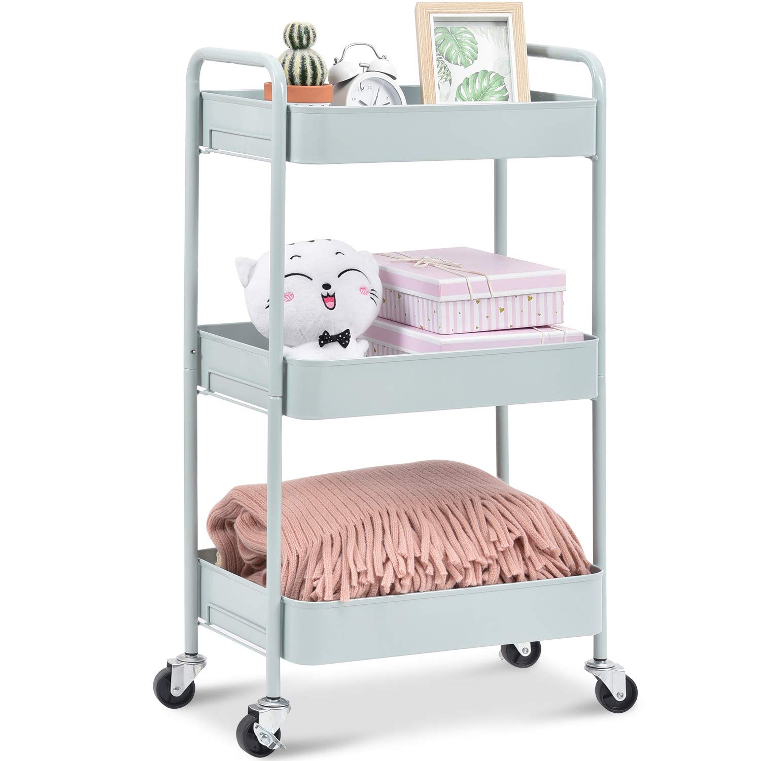 3-Tier Rolling Cart, Metal Utility Cart with Lockable Wheels, Storage Craft Art Cart Trolley Organizer Serving Cart Easy Assembly for Office, Bathroom, Kitchen, Kids' Room, Classro