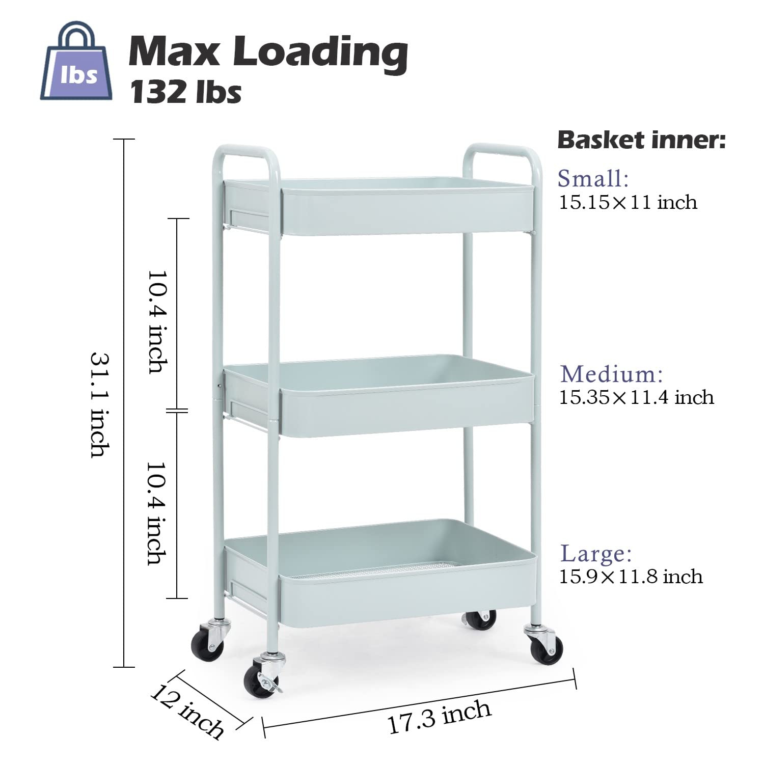 3-Tier Rolling Cart, Metal Utility Cart with Lockable Wheels, Storage Craft Art Cart Trolley Organizer Serving Cart Easy Assembly for Office,