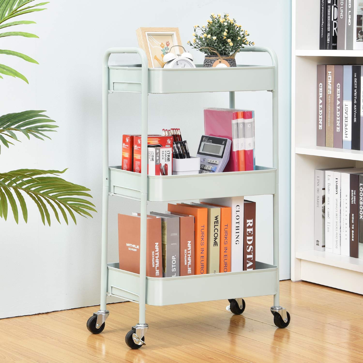 3-Tier Rolling Cart, Metal Utility Cart with Lockable Wheels, Storage Craft Art Cart Trolley Organizer Serving Cart Easy Assembly for Office,