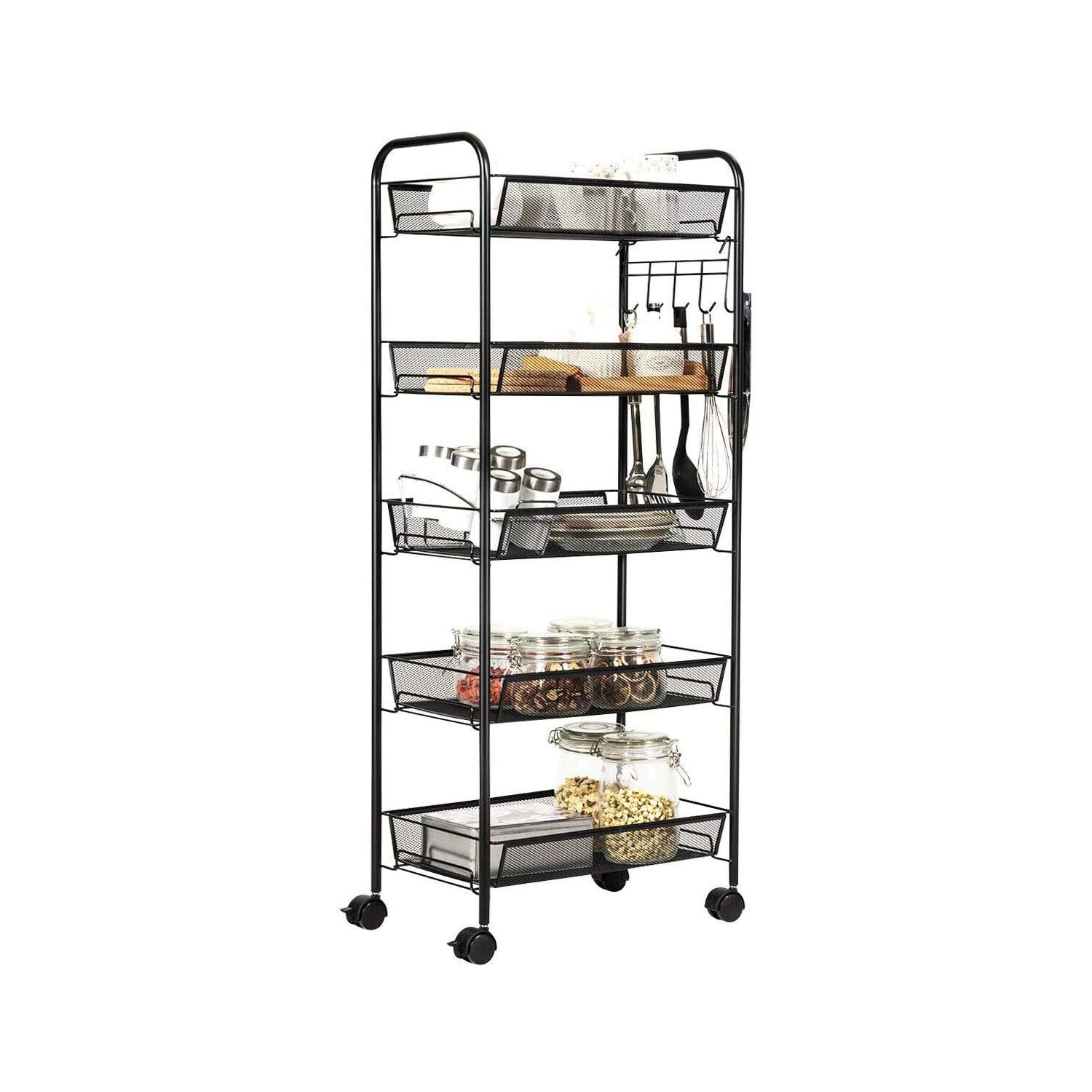 Étagère de rangement sur roulettes à 5 niveaux, chariot utilitaire mobile en métal avec étagère en treillis métallique, chariot sur roulettes pour la