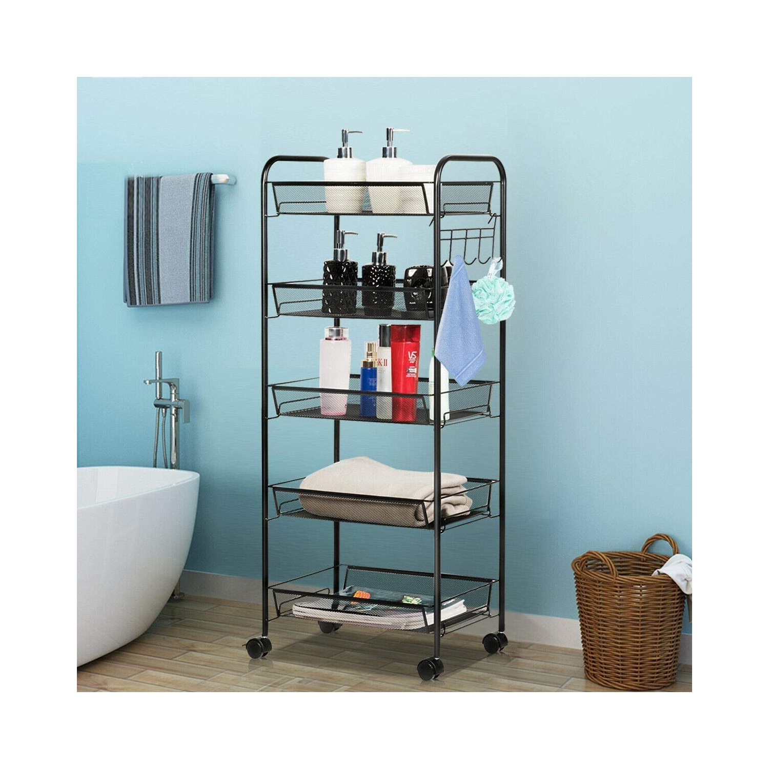 Étagère de rangement sur roulettes à 5 niveaux, chariot utilitaire mobile en métal avec étagère en treillis métallique, chariot sur roulettes pour la