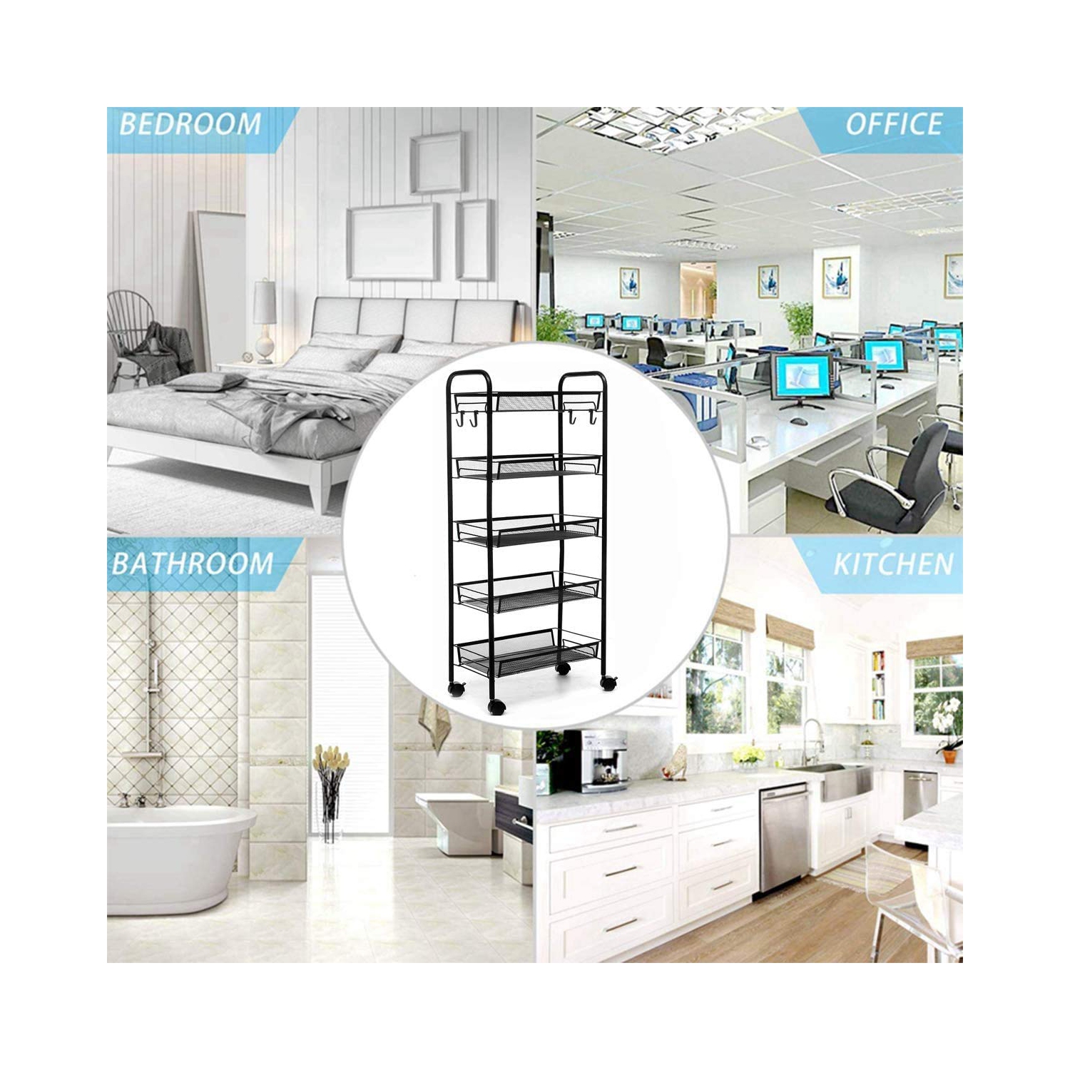 Étagère de rangement sur roulettes à 5 niveaux, chariot utilitaire mobile en métal avec étagère en treillis métallique, chariot sur roulettes pour la