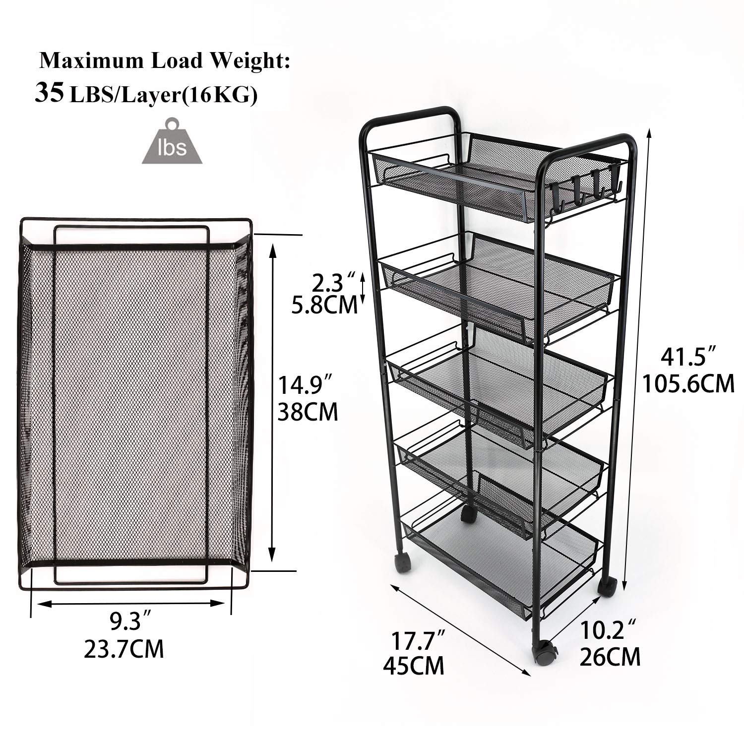 Étagère de rangement sur roulettes à 5 niveaux, chariot utilitaire mobile en métal avec étagère en treillis métallique, chariot sur roulettes pour la