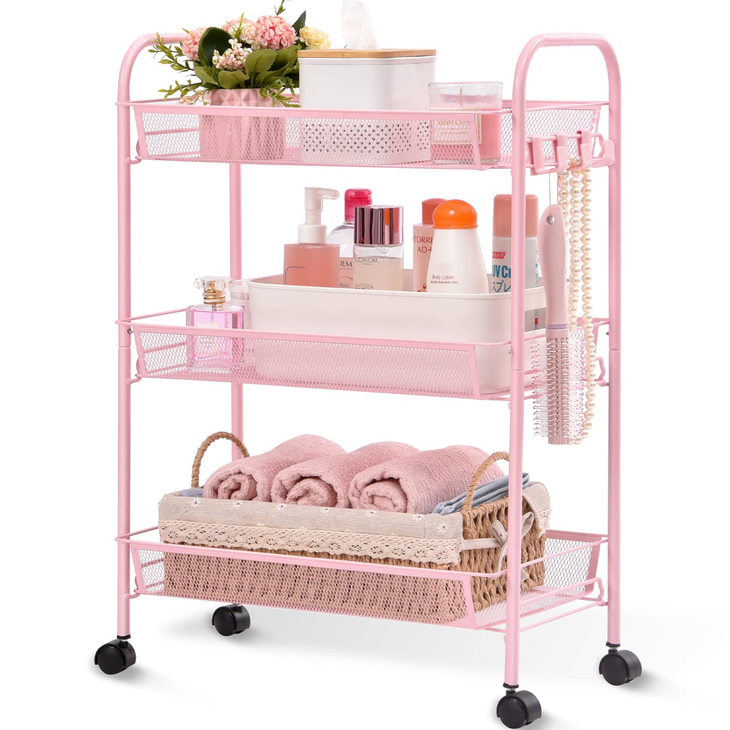 3-Tier Rolling Cart,Easy Assemble Mobile Storage Trolley On Wheels,Slide Out Utility Cart Shelving Units Kitchen Bathroom Laundry Room Pink