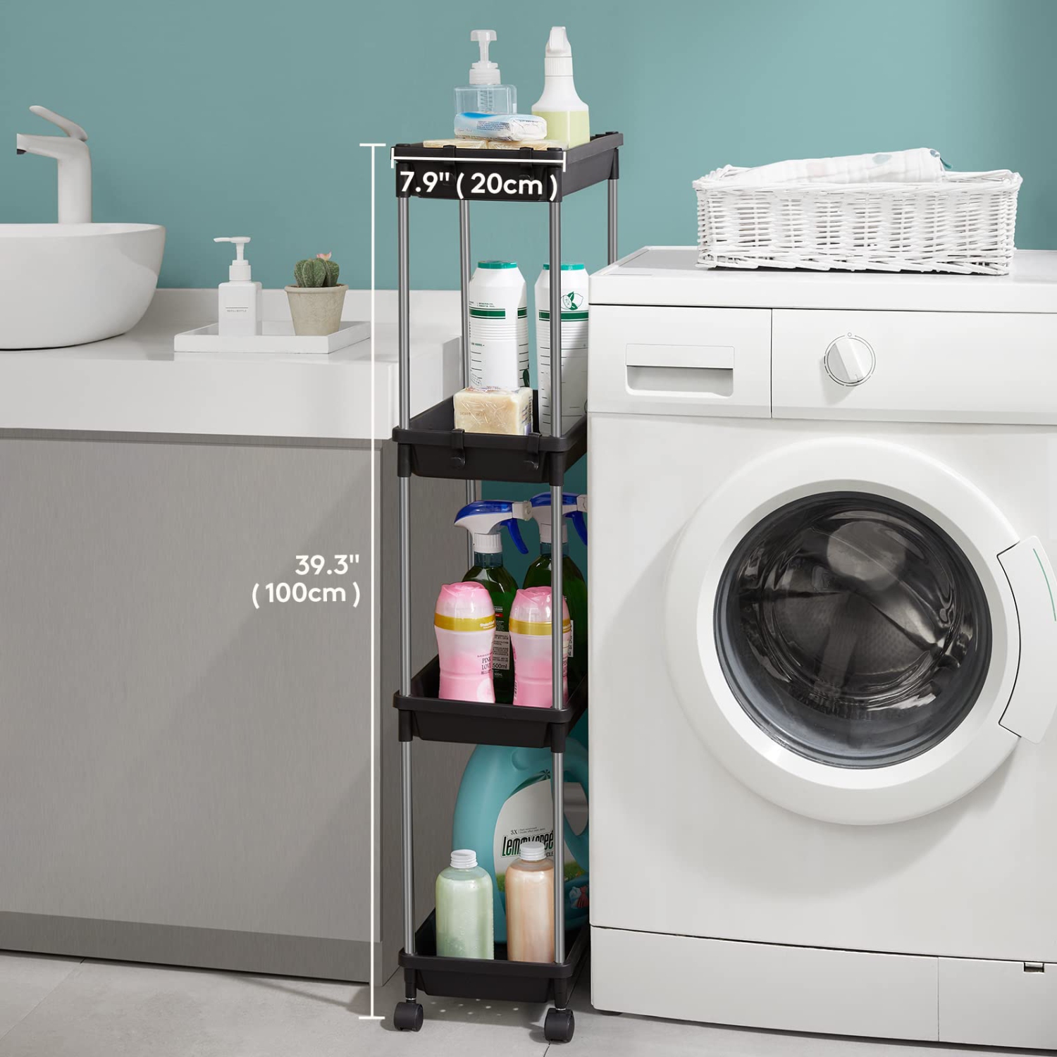 Rolling Utility Cart 7.9" Width for Bathroom LaundryRoom Kitchen Narrow Space, 4 Tier Slide-Out Storage Cart Organizer Rack Shelf with Wheels for