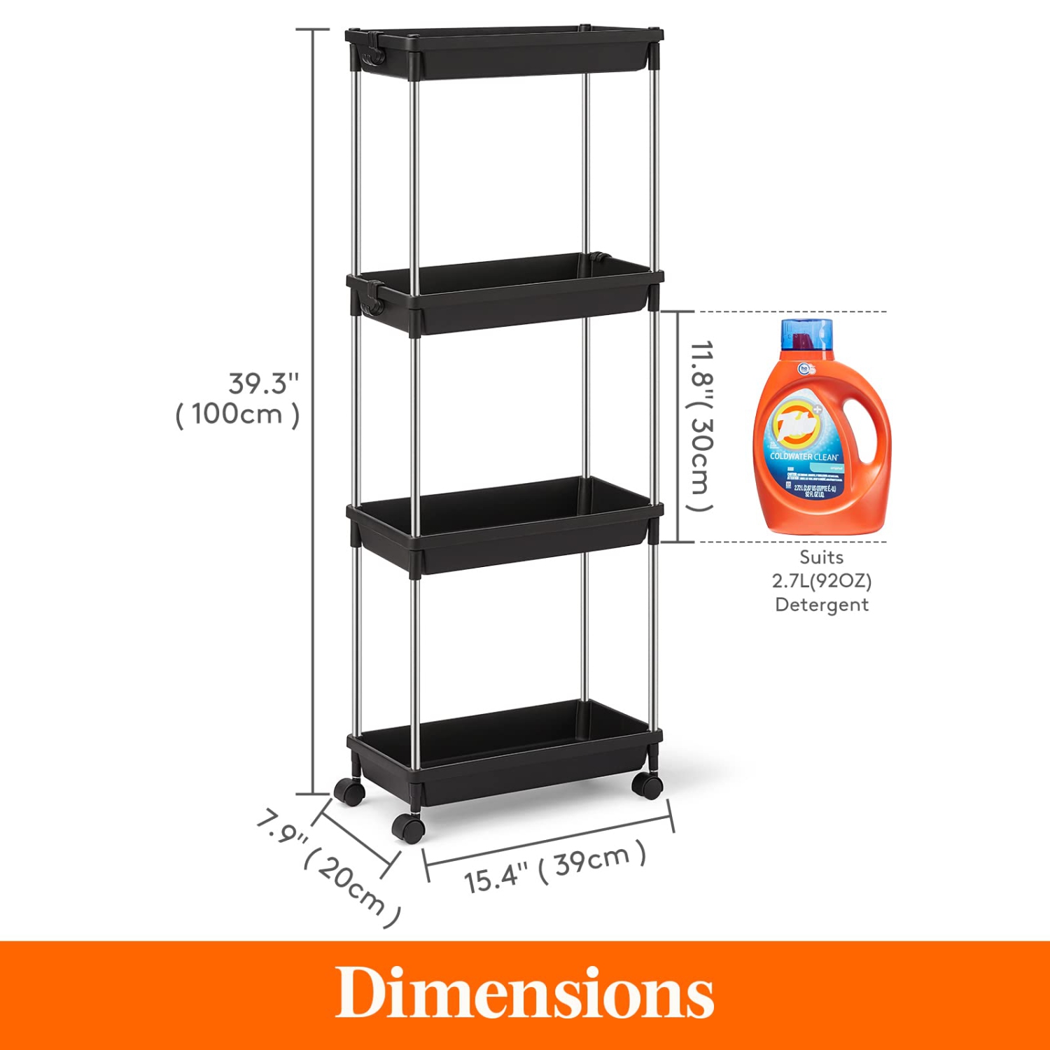 Rolling Utility Cart 7.9" Width for Bathroom LaundryRoom Kitchen Narrow Space, 4 Tier Slide-Out Storage Cart Organizer Rack Shelf with Wheels for