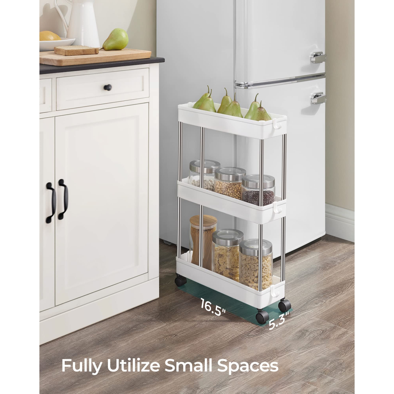 3-Tier Rolling Cart, Storage Cart with Wheels, Space-Saving Rolling Storage Cart, for Bathroom, Kitchen, Living Room, Office, 15.7 x 5.3 x 23.6