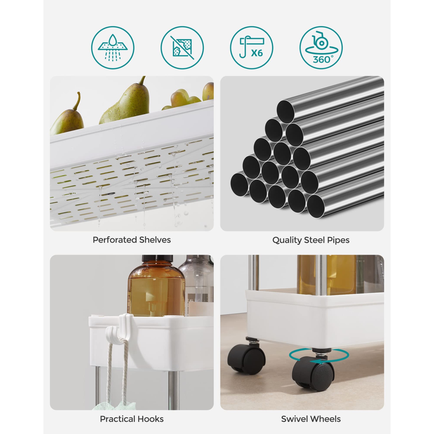 3-Tier Rolling Cart, Storage Cart with Wheels, Space-Saving Rolling Storage Cart, for Bathroom, Kitchen, Living Room, Office, 15.7 x 5.3 x 23.6