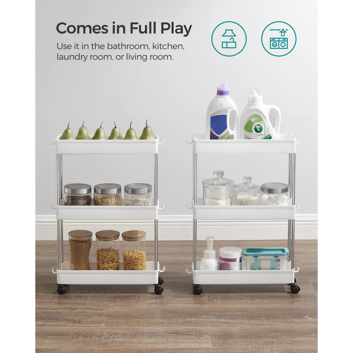 3-Tier Rolling Cart, Storage Cart with Wheels, Space-Saving Rolling Storage Cart, for Bathroom, Kitchen, Living Room, Office, 15.7 x 5.3 x 23.6