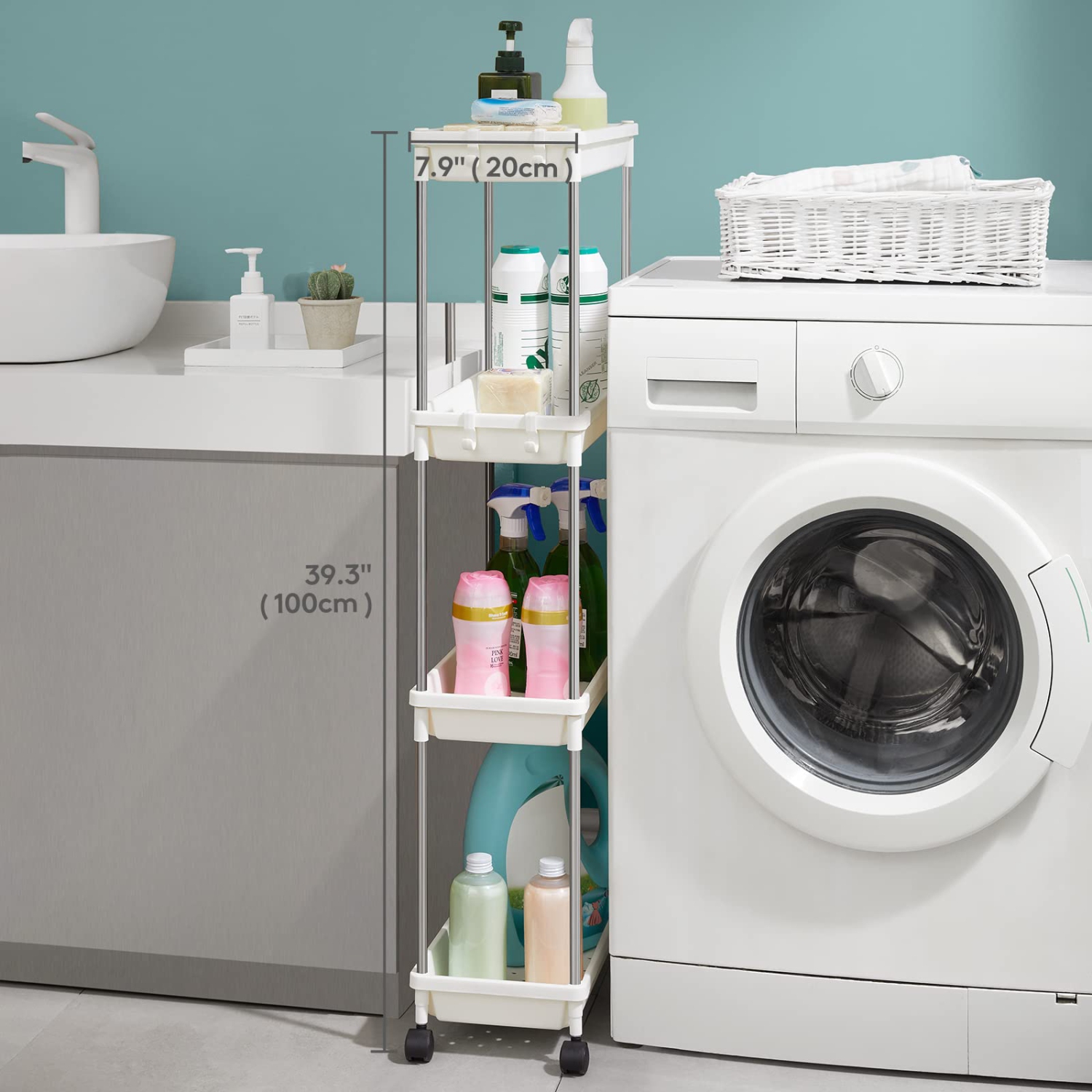 Rolling Utility Cart 7.9" Width for Bathroom LaundryRoom Kitchen Narrow Space, 4 Tier Slide-Out Storage Cart Organizer Rack Shelf with Wheels for