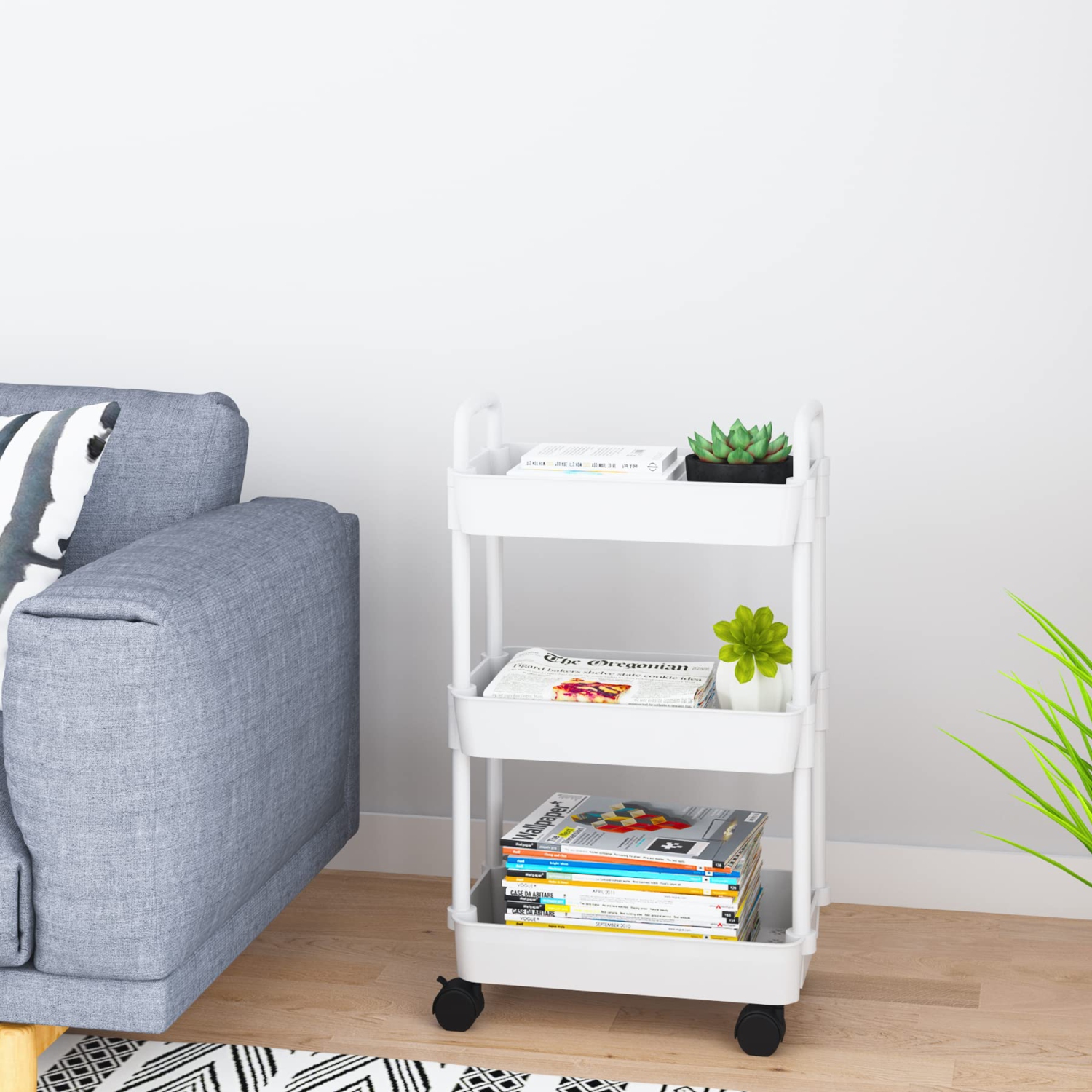 Chariot utilitaire à roulettes à 3 niveaux pour la cuisine, rangement multifonction avec poignée et 2 roulettes verrouillables pour la cuisine, la