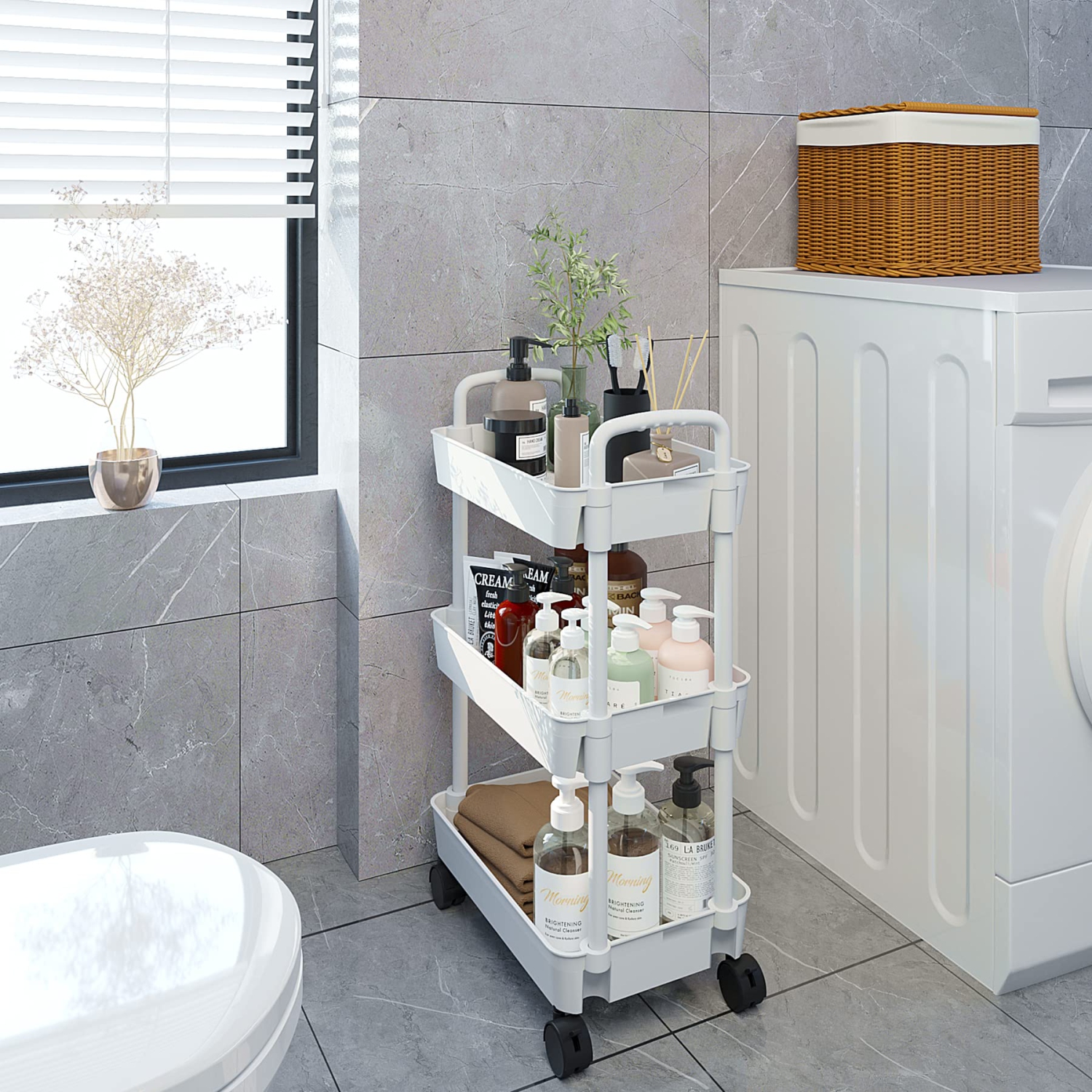 Chariot utilitaire à roulettes à 3 niveaux pour la cuisine, rangement multifonction avec poignée et 2 roulettes verrouillables pour la cuisine, la