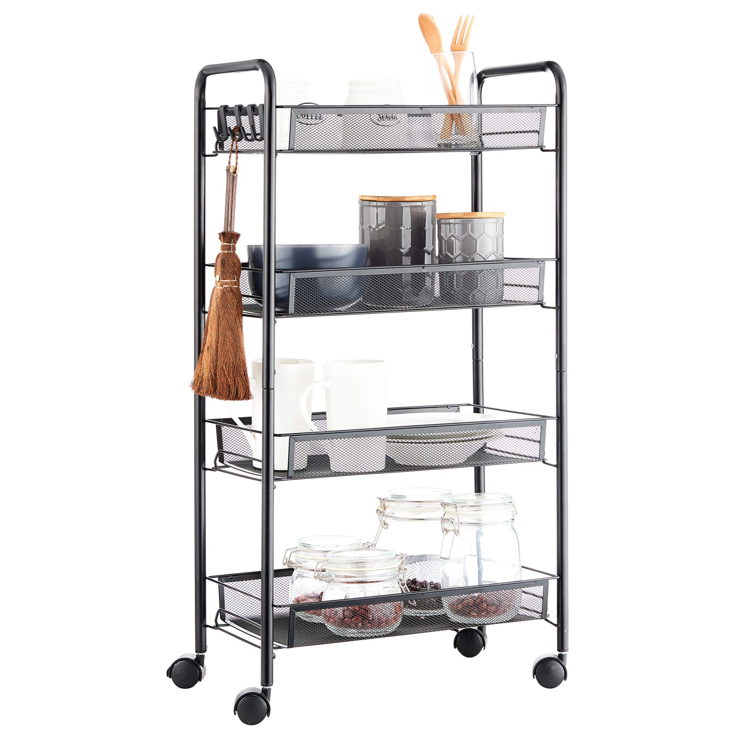 4-Tier Rolling Storage Rack Cart Organizer, Utility Mobile Metal Mesh Trolley with Wire Basket Shelving, Cart on Wheels for Kitchen Office Bathroom,