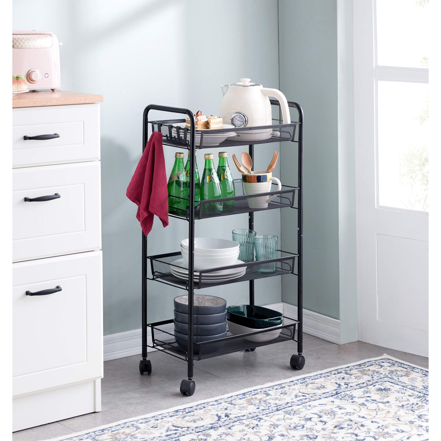 4-Tier Rolling Storage Rack Cart Organizer, Utility Mobile Metal Mesh Trolley with Wire Basket Shelving, Cart on Wheels for Kitchen Office Bathroom,