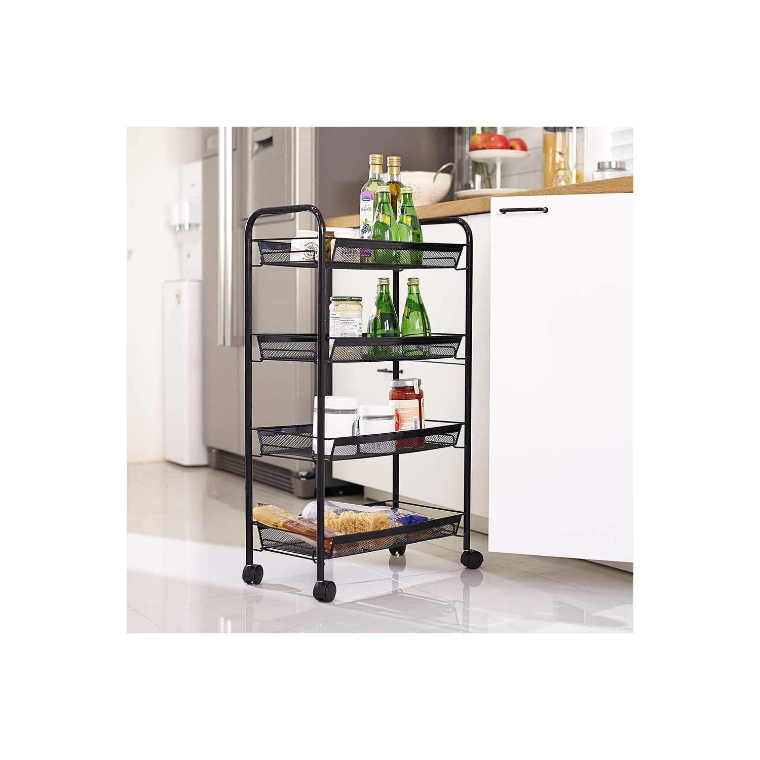 4-Tier Rolling Storage Rack Cart Organizer, Utility Mobile Metal Mesh Trolley with Wire Basket Shelving, Cart on Wheels for Kitchen Office Bathroom,
