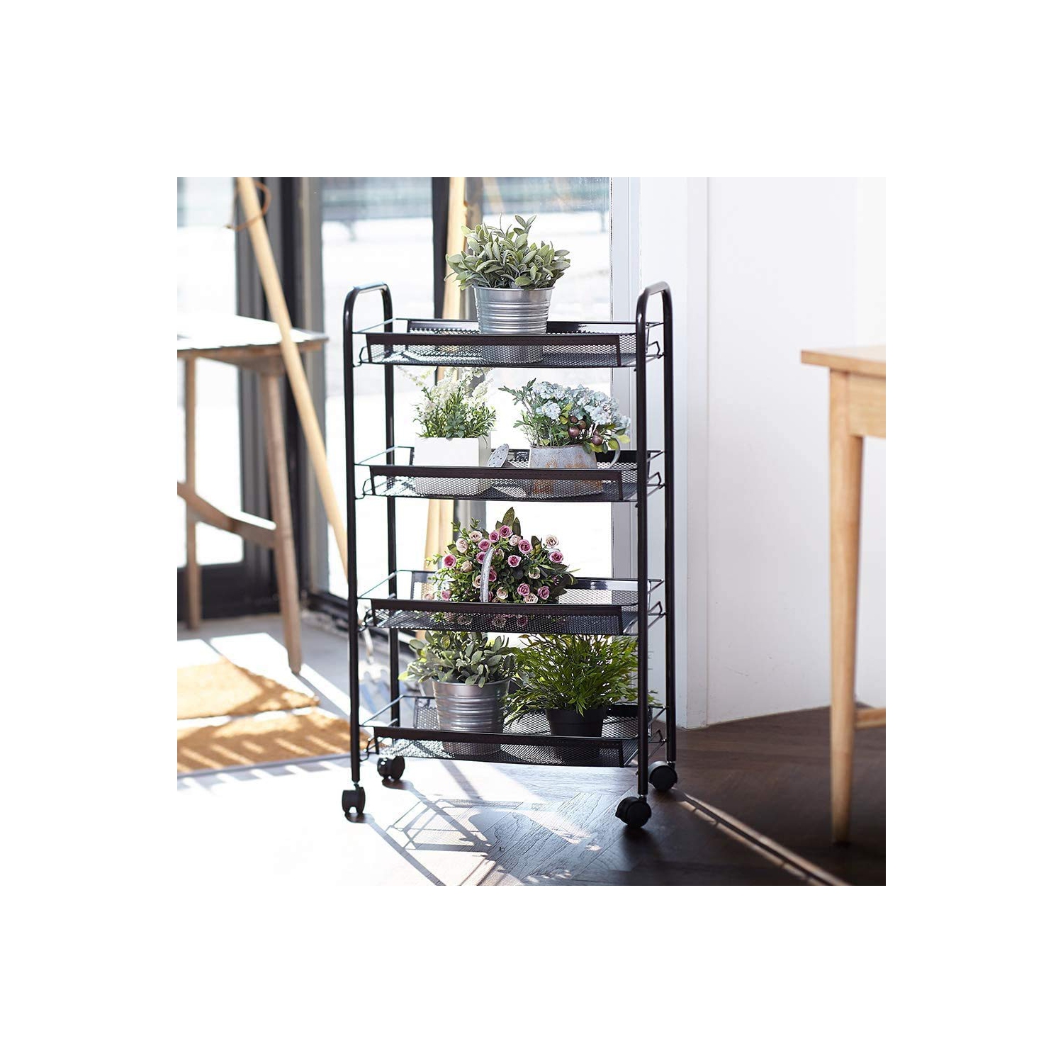 4-Tier Rolling Storage Rack Cart Organizer, Utility Mobile Metal Mesh Trolley with Wire Basket Shelving, Cart on Wheels for Kitchen Office Bathroom,