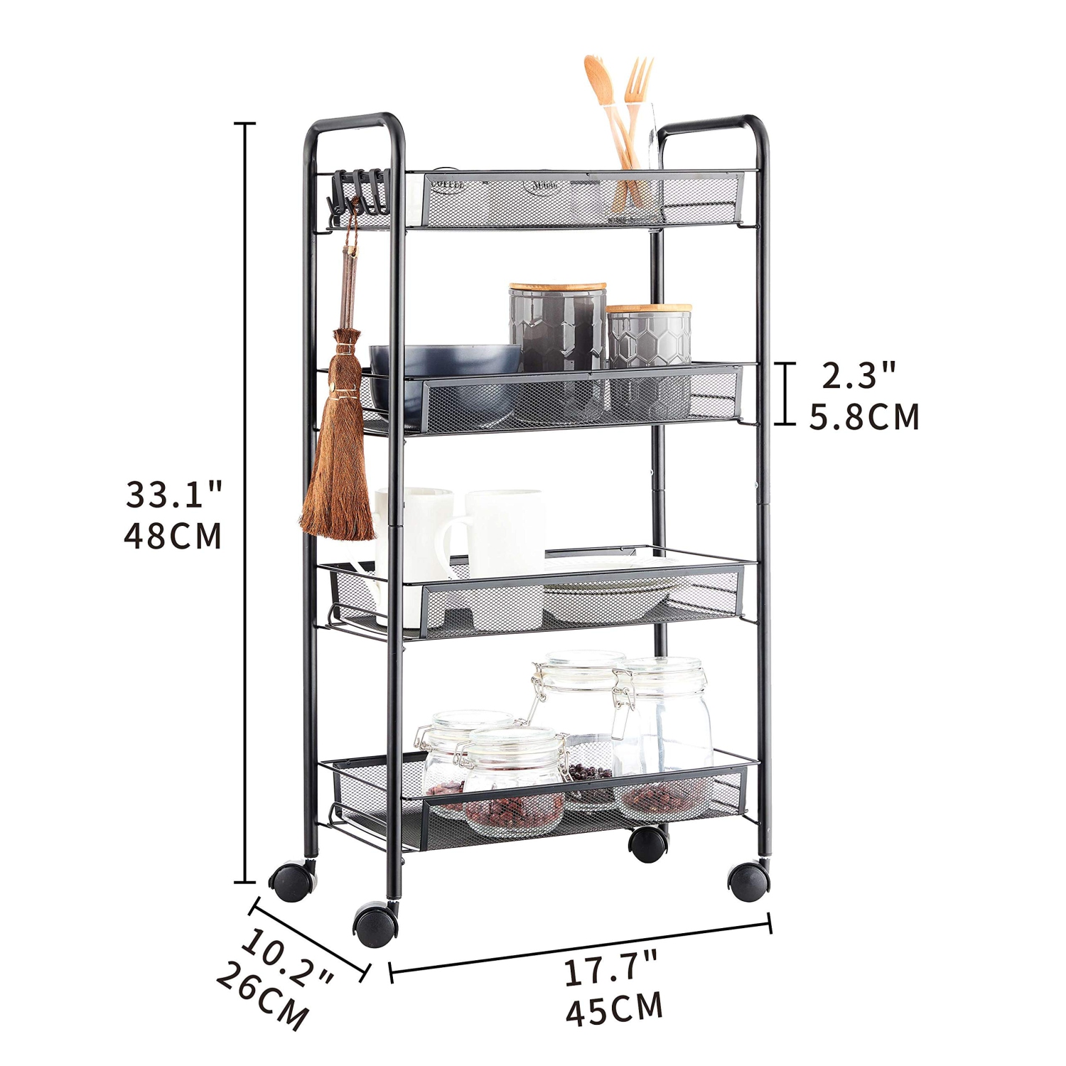 4-Tier Rolling Storage Rack Cart Organizer, Utility Mobile Metal Mesh Trolley with Wire Basket Shelving, Cart on Wheels for Kitchen Office Bathroom,