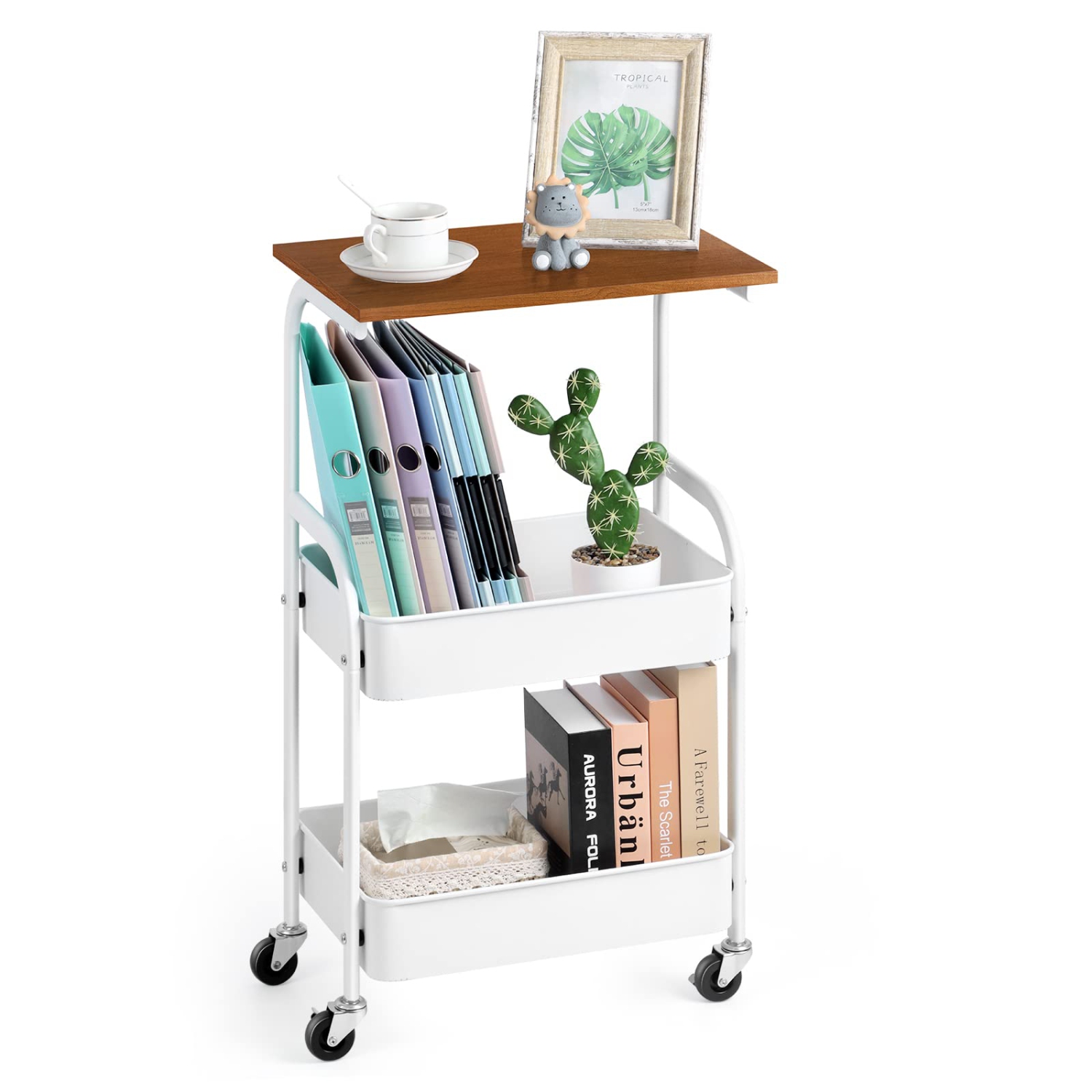 3-Tier Rolling Utility Cart with Wooden Board, Metal Rolling Storage Cart with Lockable Wheels, White Organizer Cart with 2 Baskets for Living Room, Bathroom, Bedroom, Office, Kitc