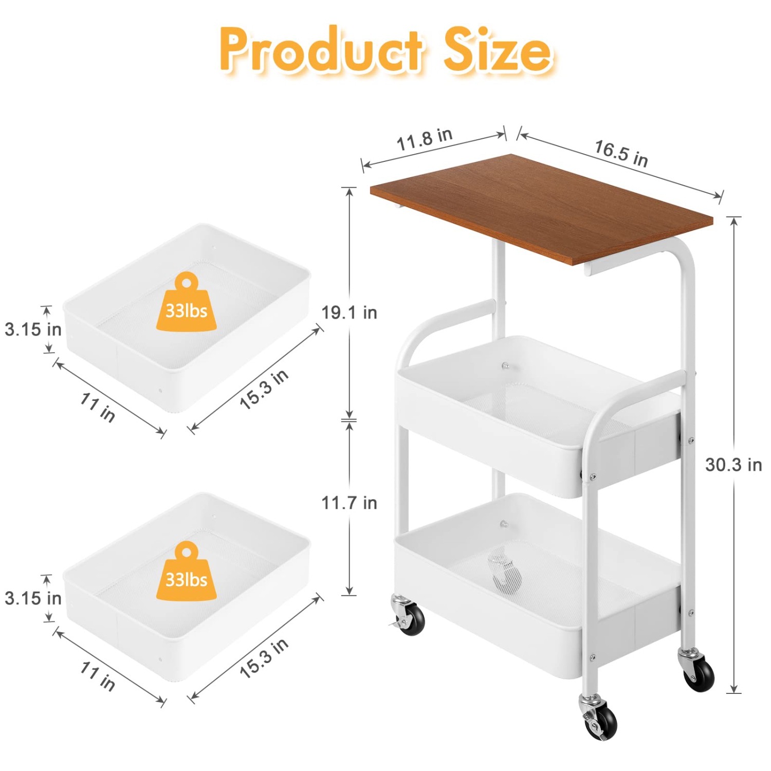 3-Tier Rolling Utility Cart with Wooden Board, Metal Rolling Storage Cart with Lockable Wheels, White Organizer Cart with 2 Baskets for Living Room,