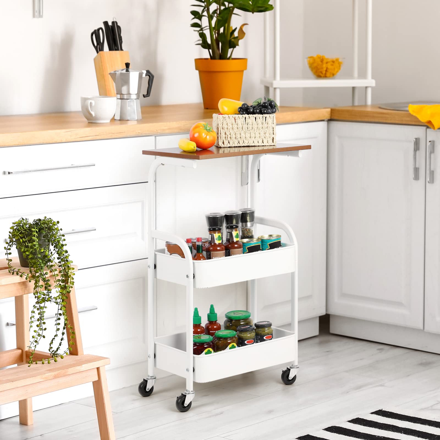 3-Tier Rolling Utility Cart with Wooden Board, Metal Rolling Storage Cart with Lockable Wheels, White Organizer Cart with 2 Baskets for Living Room,