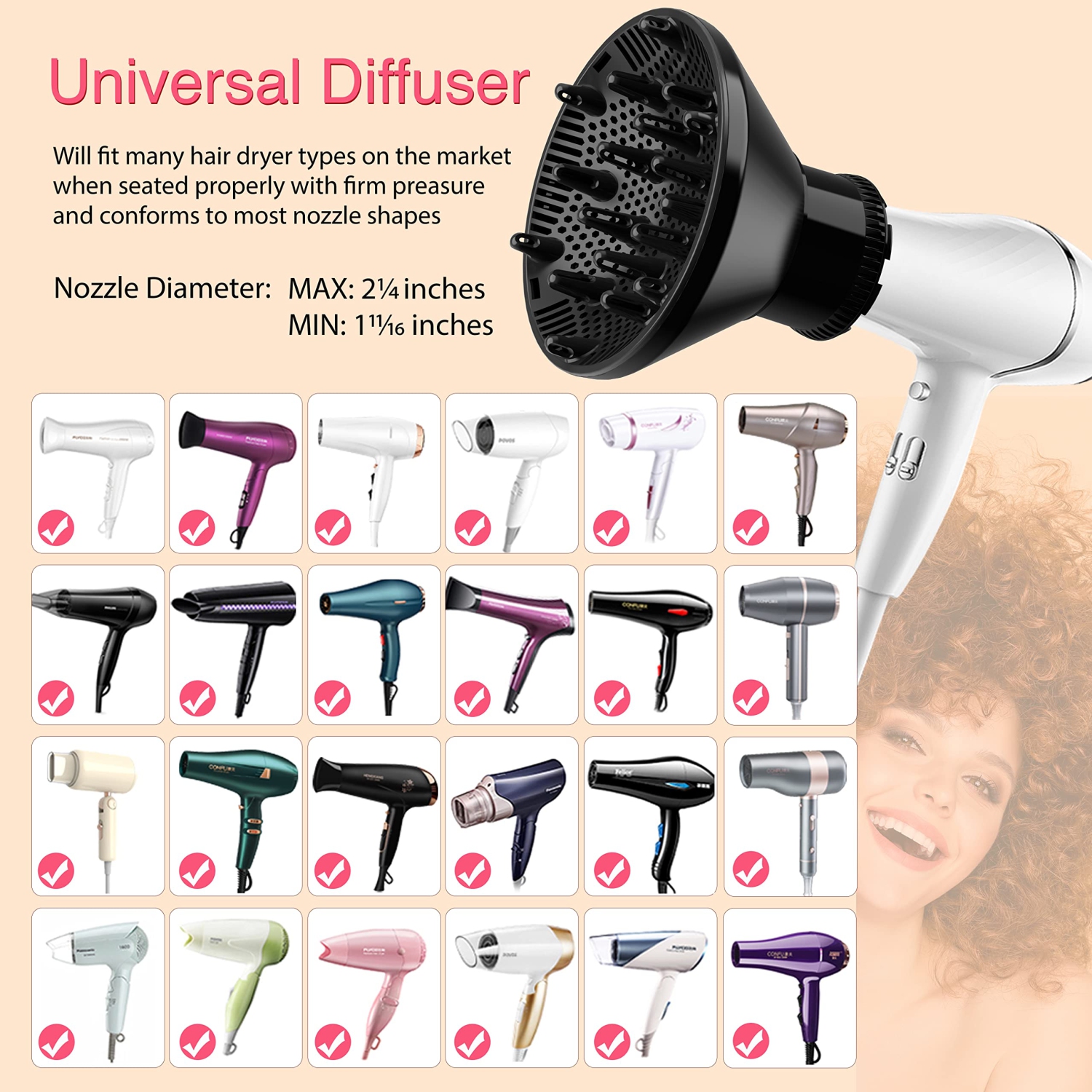 New Universal Hair Diffuser Attachment for Blow Dryers with 1.5-inch to 2.4-inch for Curly & Wavy Hair, Professional Hair Dryer Diffuser with Shampoo