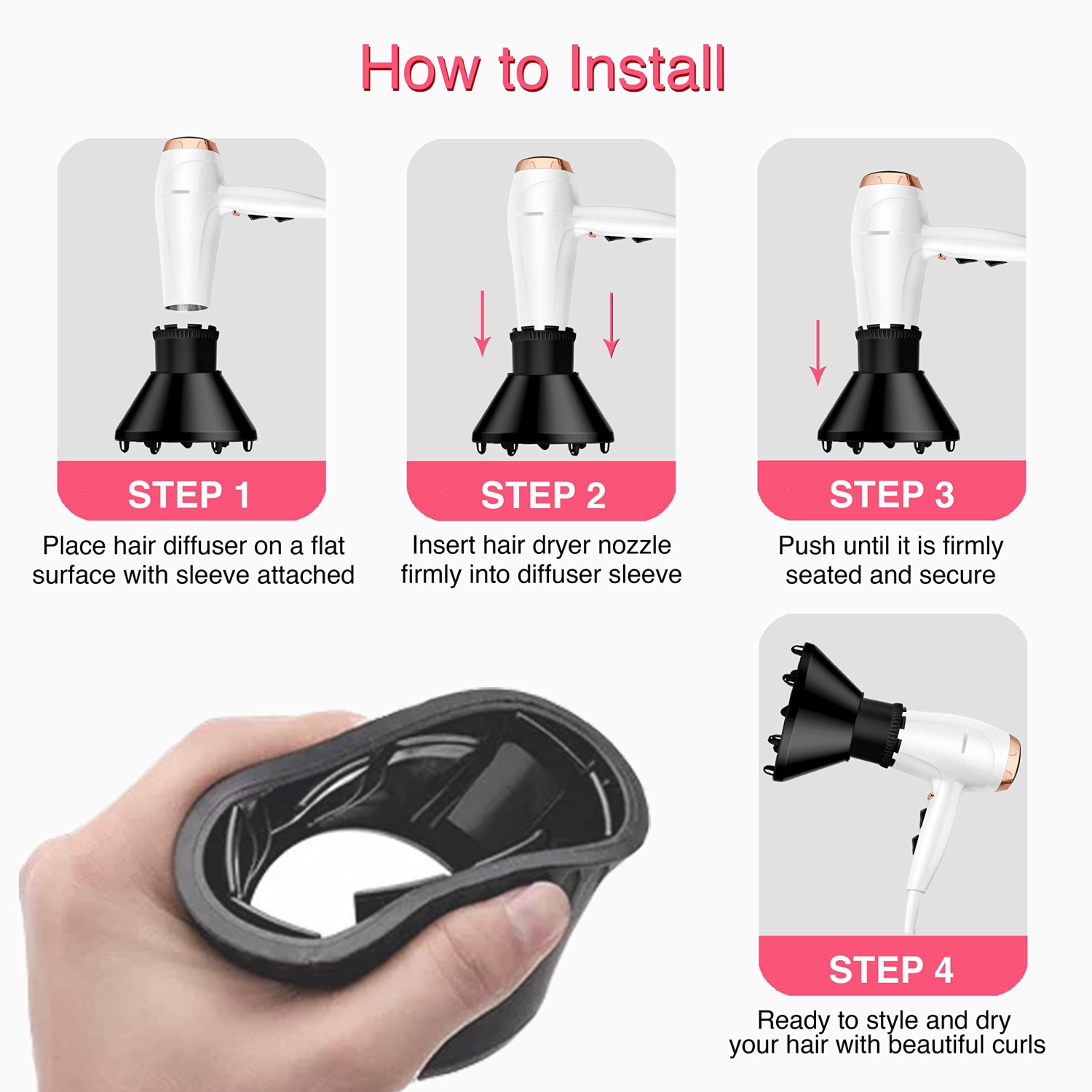 New Universal Hair Diffuser Attachment for Blow Dryers with 1.5-inch to 2.4-inch for Curly & Wavy Hair, Professional Hair Dryer Diffuser with Shampoo