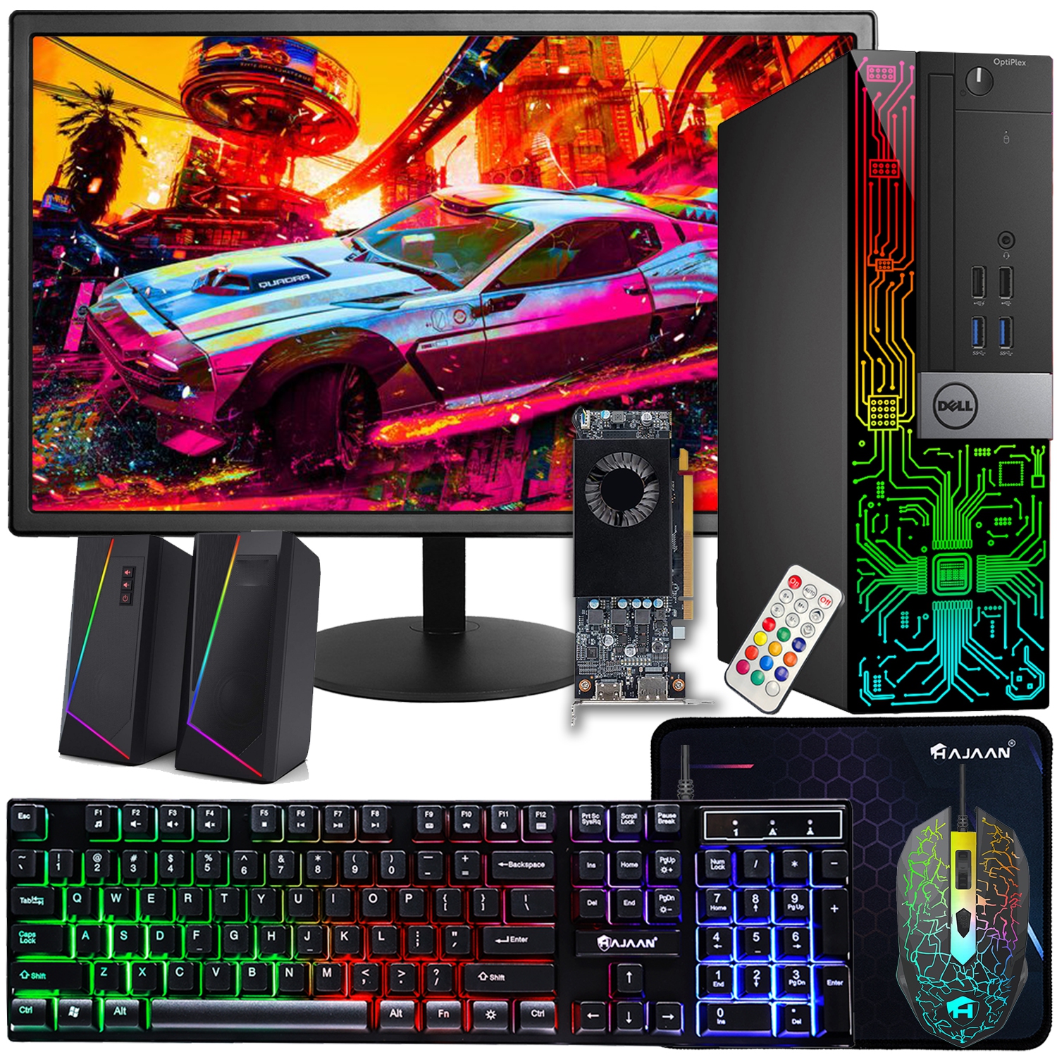 Refurbished (Good) - Dell Gaming OptiPlex Desktop RGB Computer PC, Intel Core i5, RX 550 4GB, 16GB RAM, 512GB SSD, 24 Inch Monitor, Keyboard Mouse & Speaker, WiFi, Windows 10 Pro