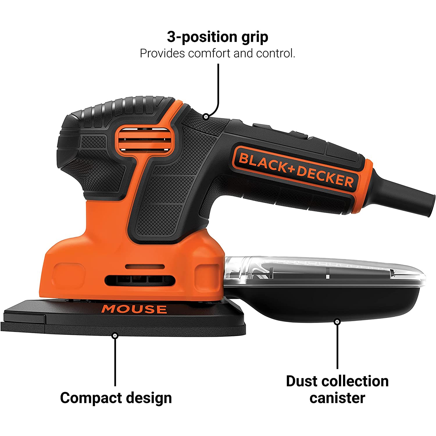 BLACK+DECKER Detail Sander, 1.2 Amp, 16,000 OPM, Compact Design, 3-Position Grip for Comfort, Includes Dust Collector, Corded