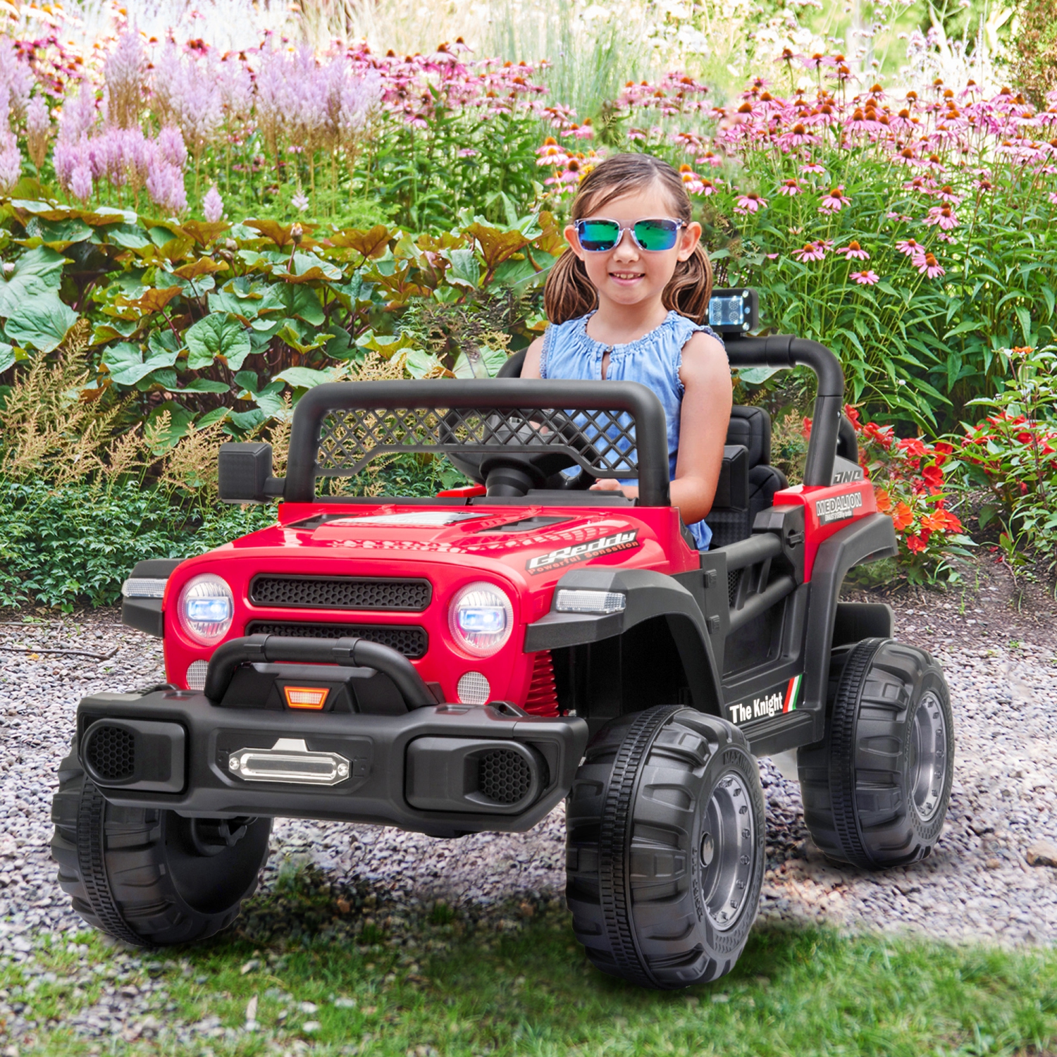 12V Jeep Kids Ride On Car Toy with Open Doors, Realistic Lights and Remote Control