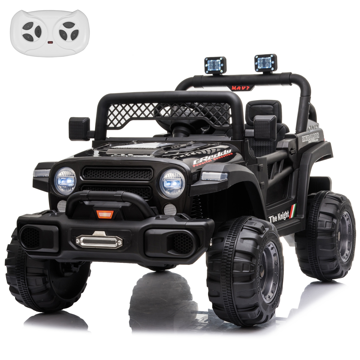 Jouet Jeep 12V pour enfants avec portes ouvertes, lumières réalistes et télécommande