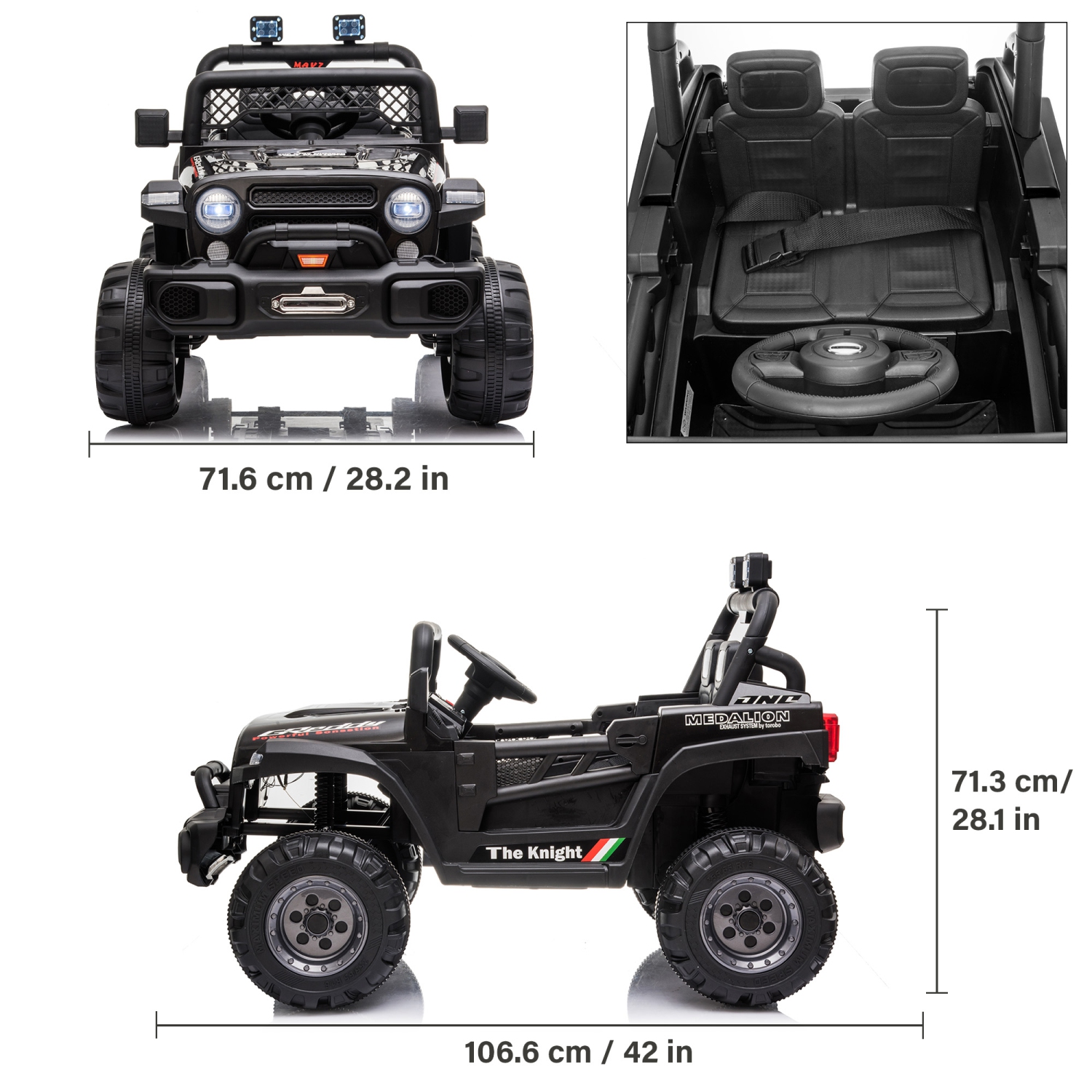 Jouet Jeep 12V pour enfants avec portes ouvertes, lumières réalistes et télécommande