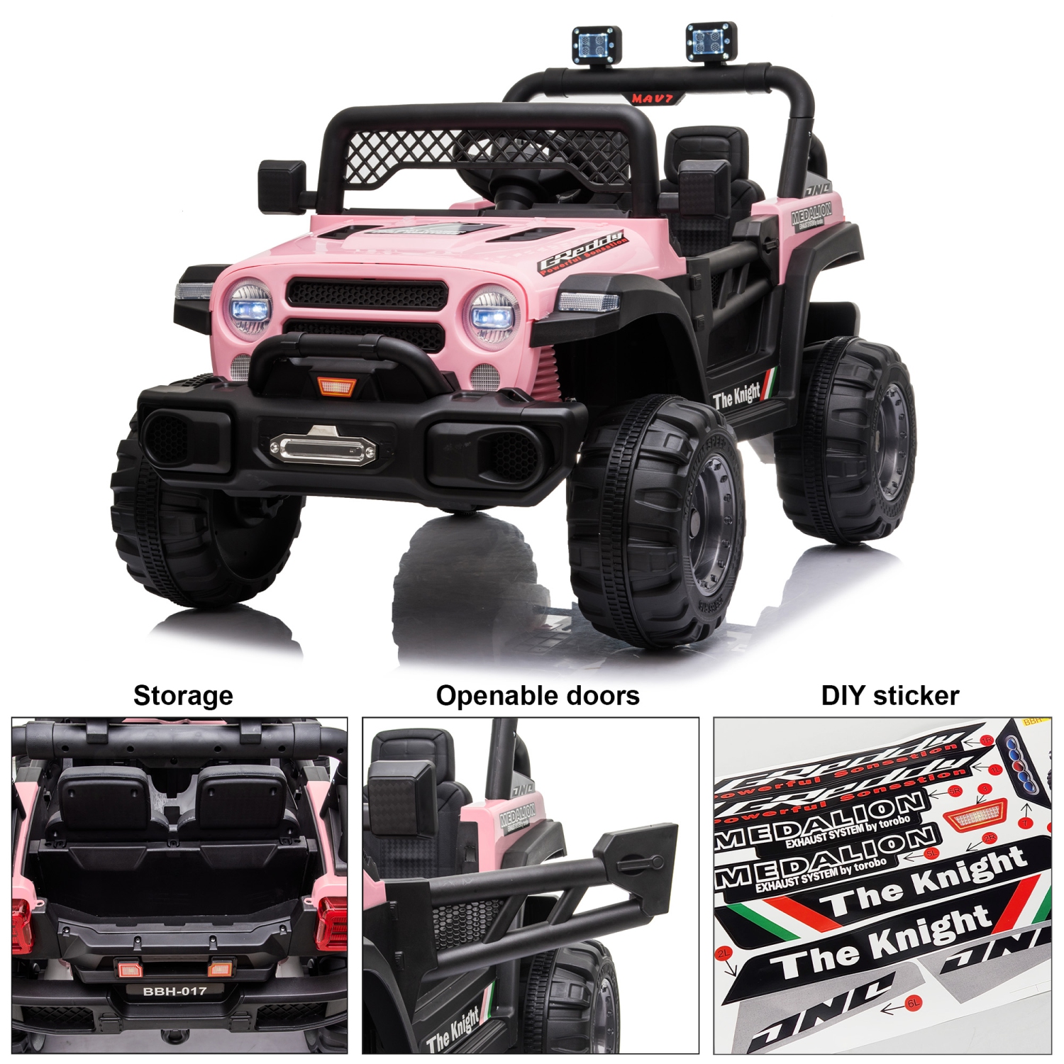 12V Jeep Kids Ride On Car Toy with Open Doors, Realistic Lights and Remote Control