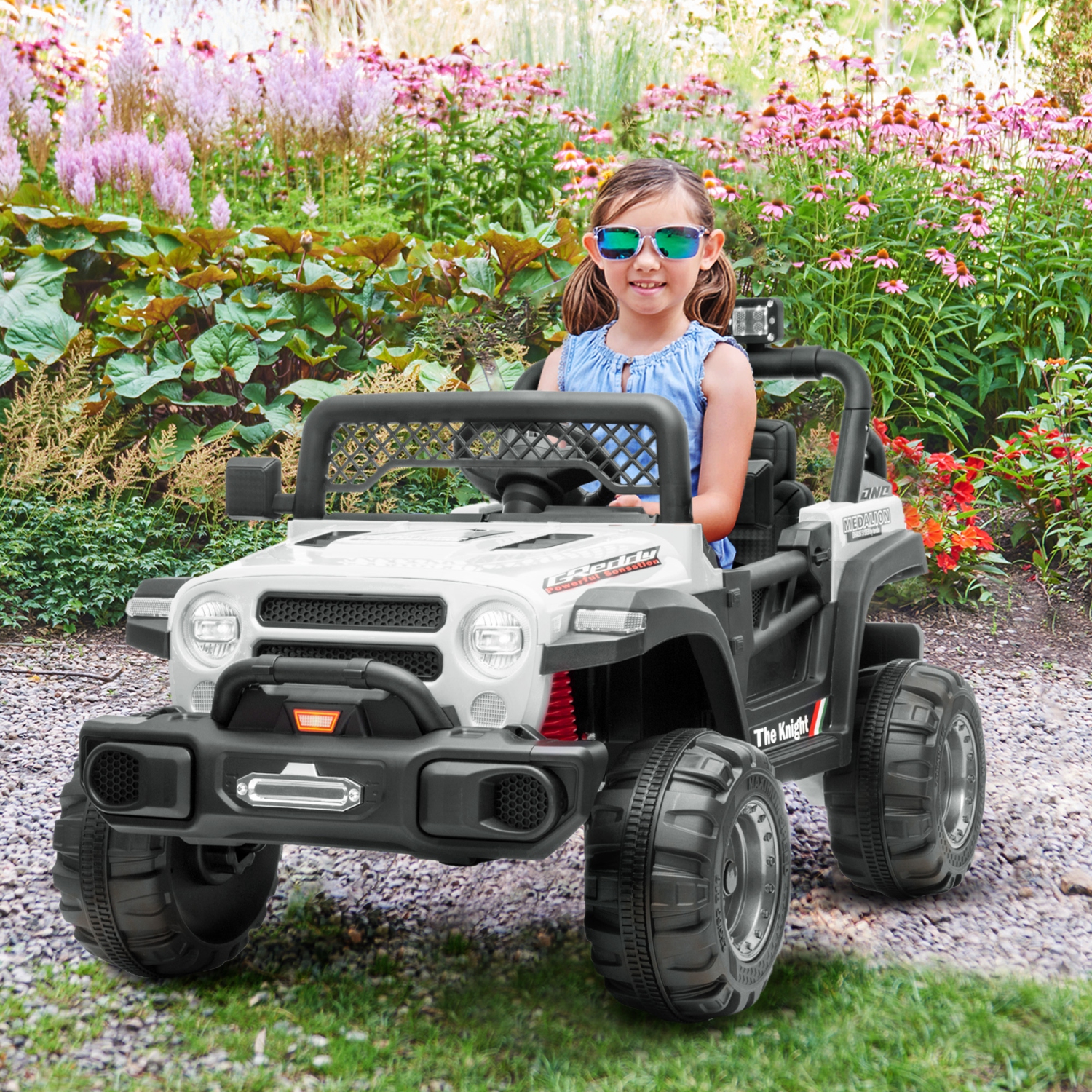 12V Jeep Kids Ride On Car Toy with Open Doors, Realistic Lights and Remote Control