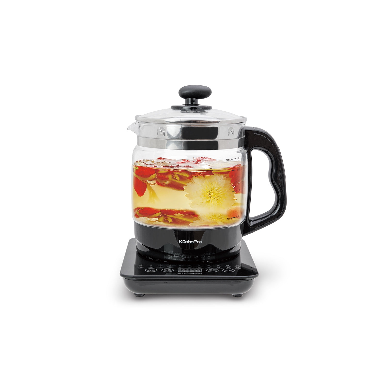 KUCHEPRO Health-Care Beverage Tea Coffee Maker et bouilloire multifonctions, 22-en-1 Programmable Brew Cooker Master, 1,8 L, Noir, Verres.