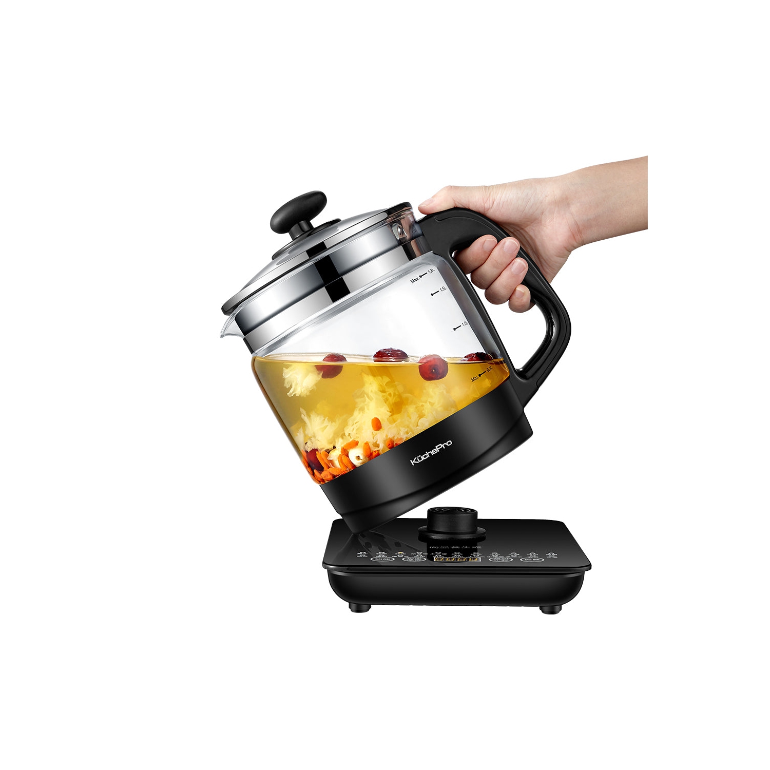 KUCHEPRO Health-Care Beverage Tea Coffee Maker et bouilloire multifonctions, 22-en-1 Programmable Brew Cooker Master, 1,8 L, Noir, Verres.