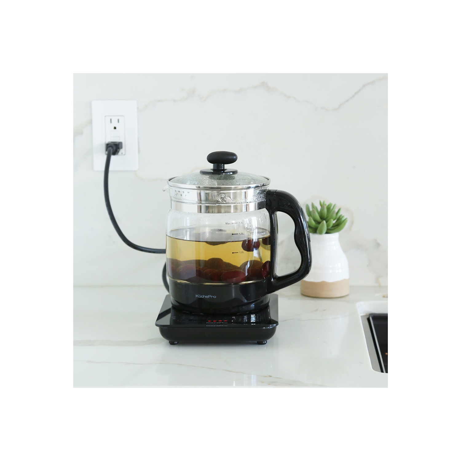 KUCHEPRO Health-Care Beverage Tea Coffee Maker et bouilloire multifonctions, 22-en-1 Programmable Brew Cooker Master, 1,8 L, Noir, Verres.