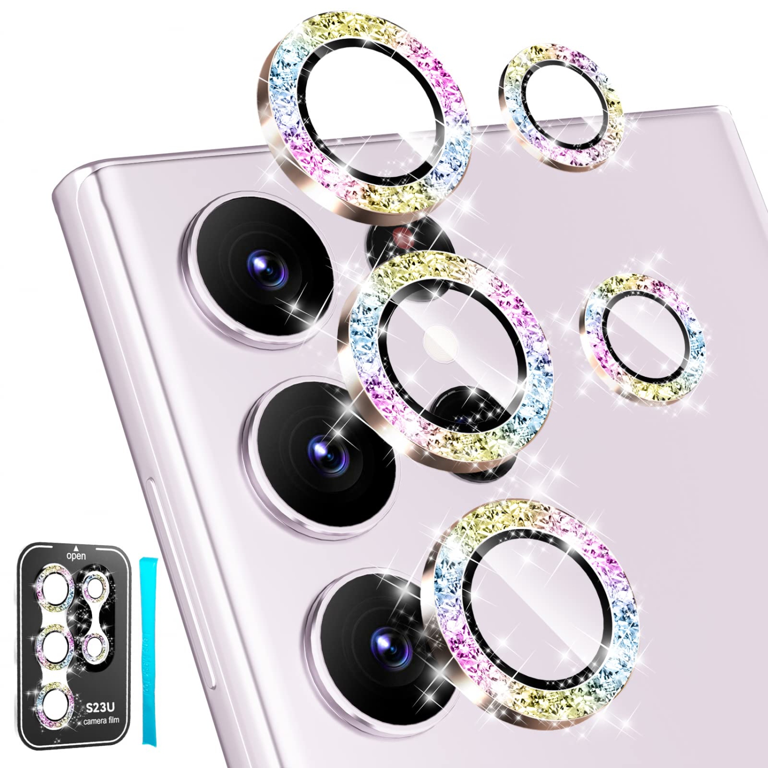 3+2 for Sansung Galaxy S23 Ultra Camera Lens Protector, Bling Diamond HD Tempered Glass Aluminum Alloy Ring, Back Screen Camera Cover Film for S23u 5G 2023, Glitter Colorful